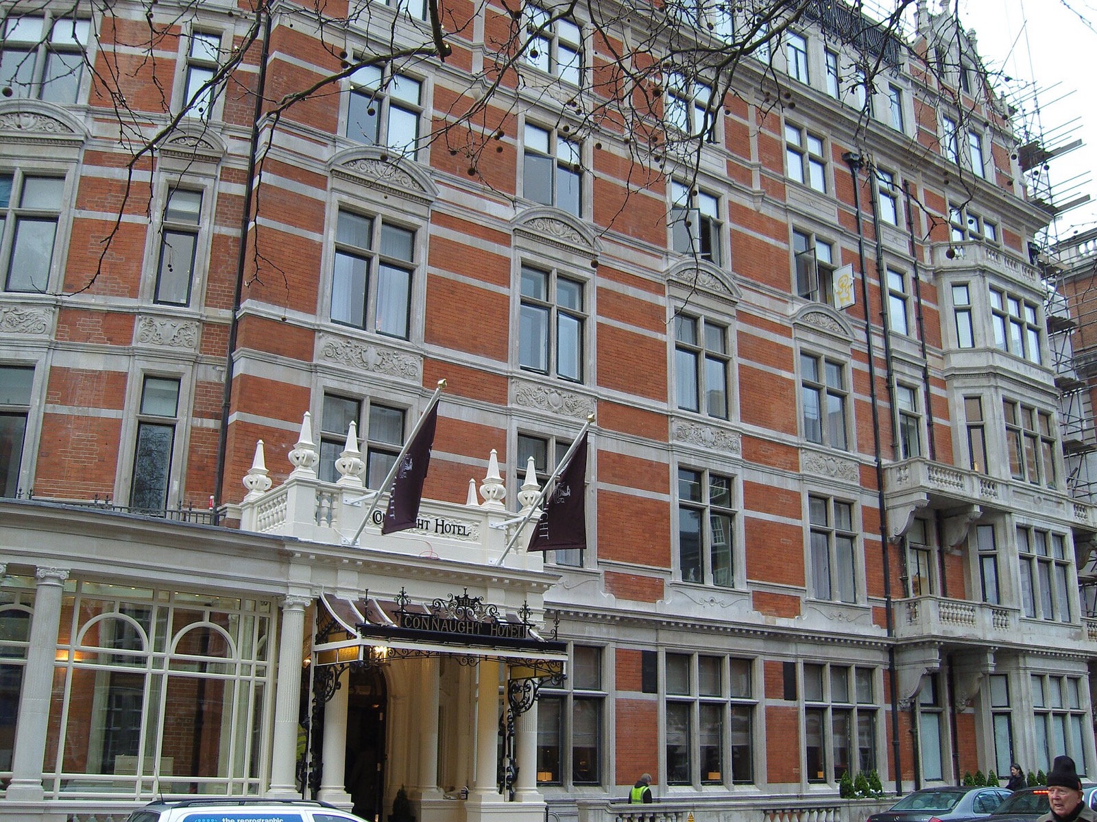 The Connaught in Mayfair, a red-brick Victorian hotel with a columned porch.