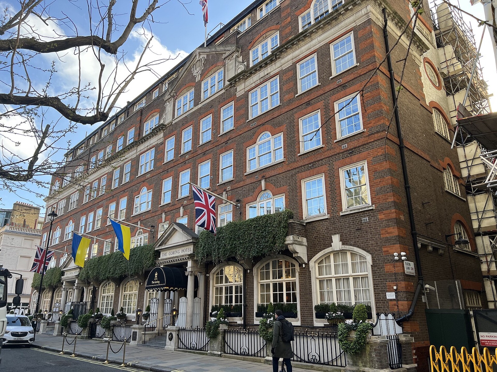 The Goring seen along the street, six floors of red brick.