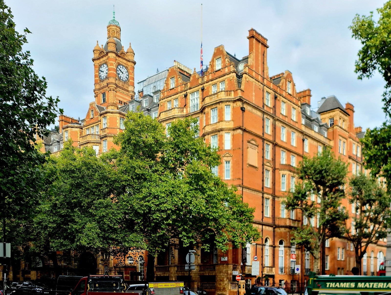 The Landmark London on Marylebone Road, a red-brick Victorian railway hotel with a clock tower.