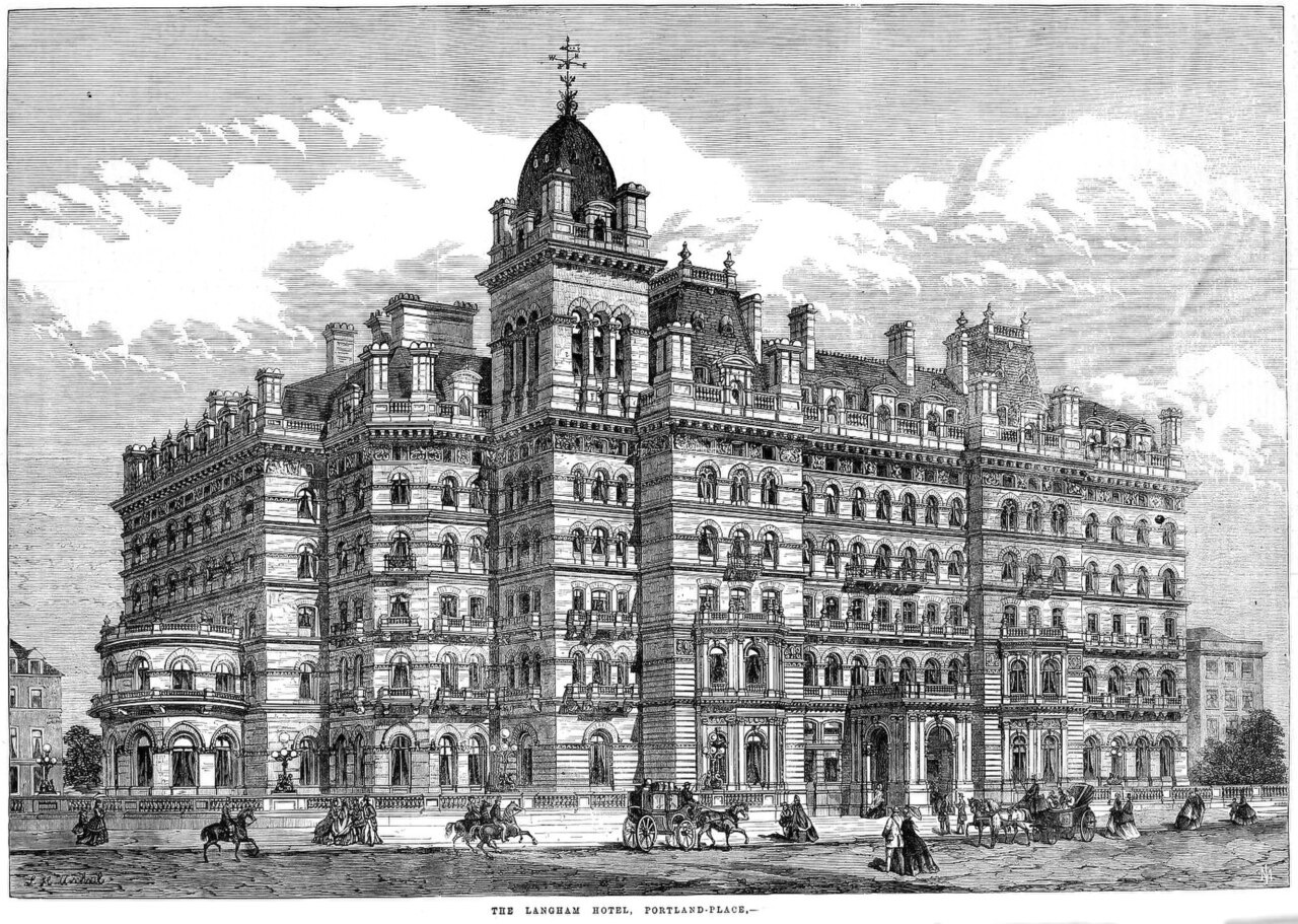 The Langham Hotel when it was new, in an engraving of the 1860s.