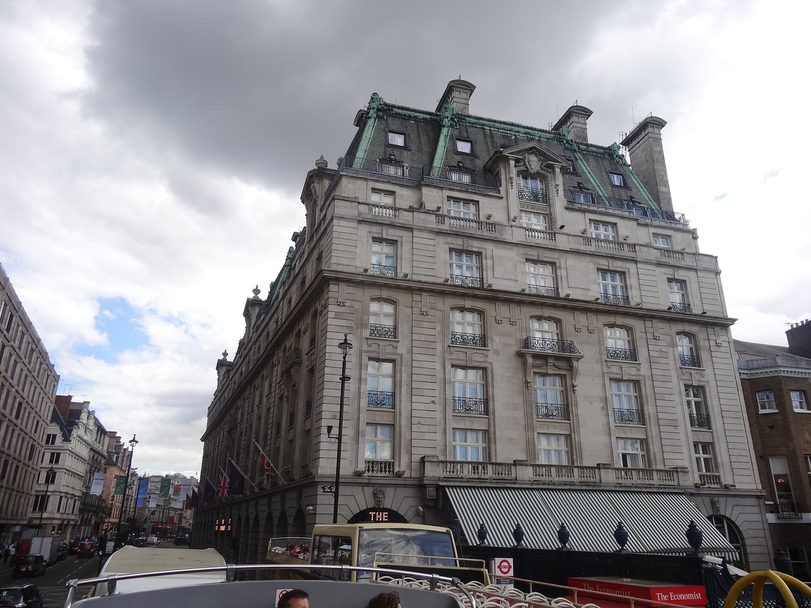 The Ritz London at the corner of Piccadilly and Arlington Street, a stone hotel with a steep slate roof.