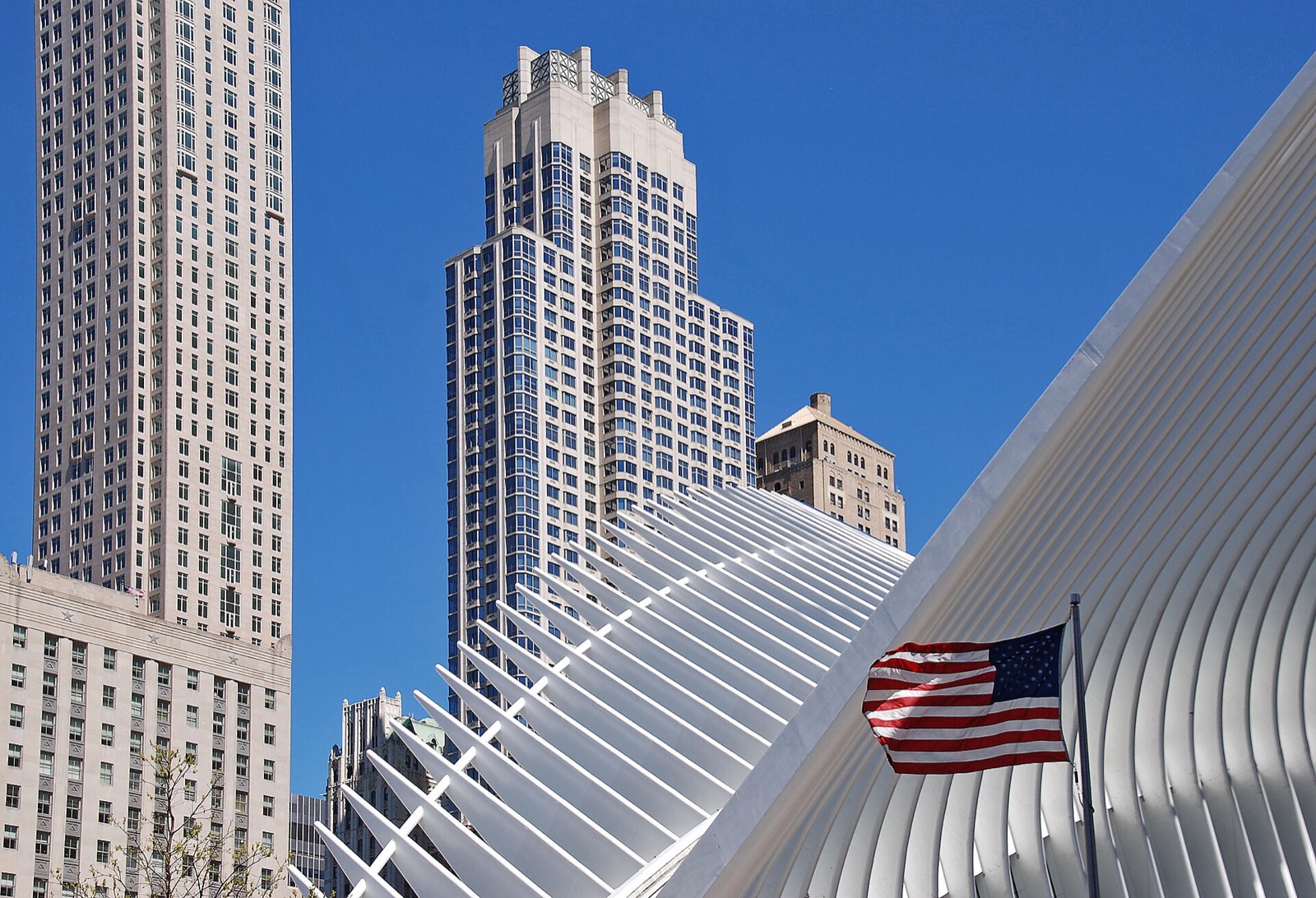 The limestone tower at 30 Park Place, which holds the hotel, rising behind the white ribs of the Oculus.