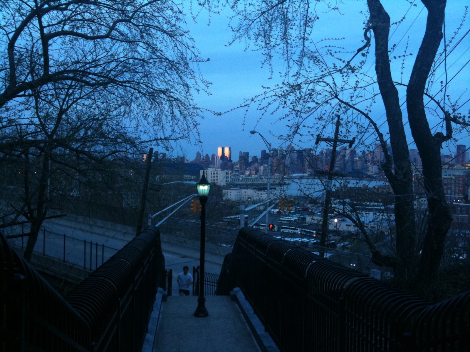The twin towers at Columbus Circle that hold the Mandarin Oriental, seen from the Upper West Side.