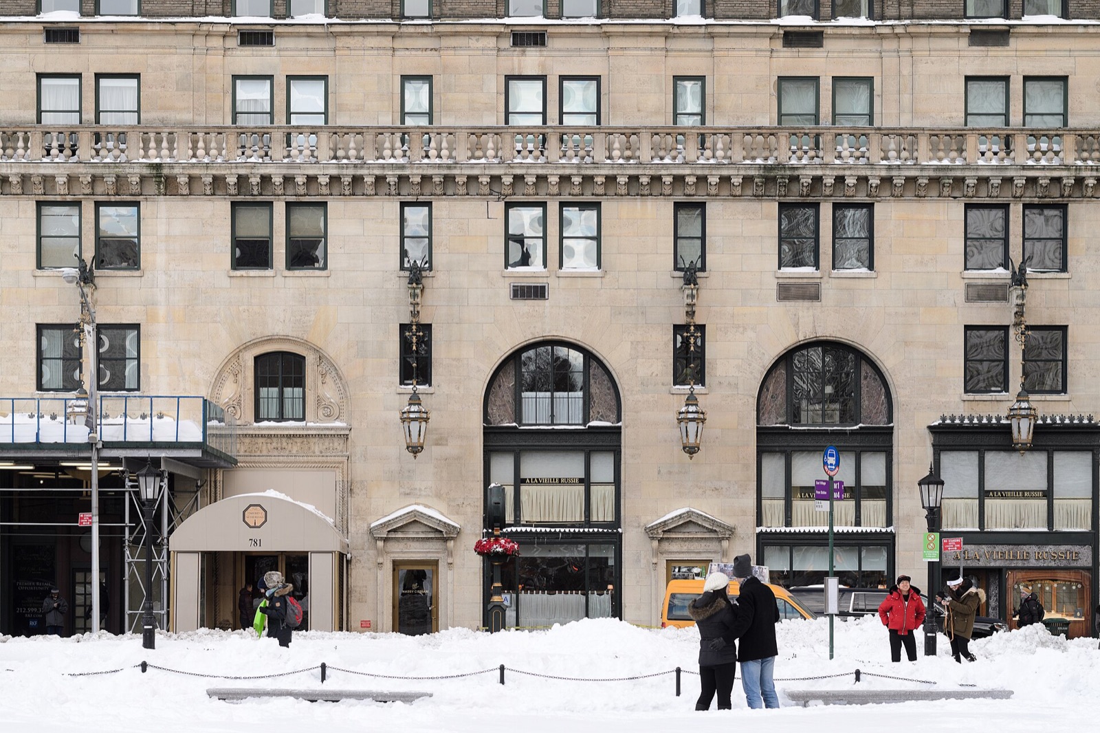 The lower floors of the Sherry-Netherland on Fifth Avenue after a snowfall.