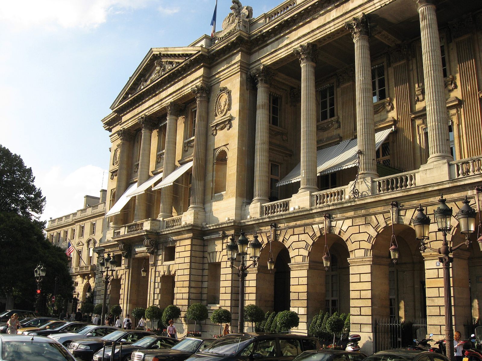 The colonnaded front of the Hôtel de Crillon on the Place de la Concorde.