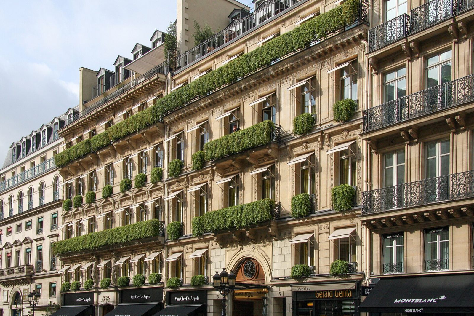 The Park Hyatt Paris-Vendôme on the rue de la Paix, its balconies planted with greenery.