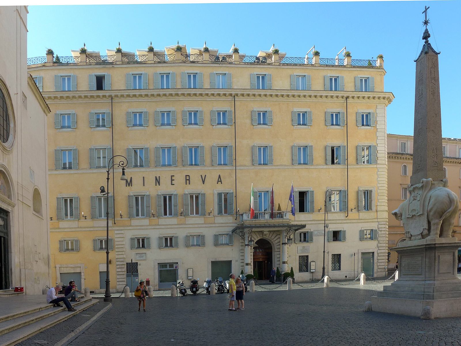 The front of the hotel on Piazza della Minerva, with Bernini's elephant and obelisk before it.