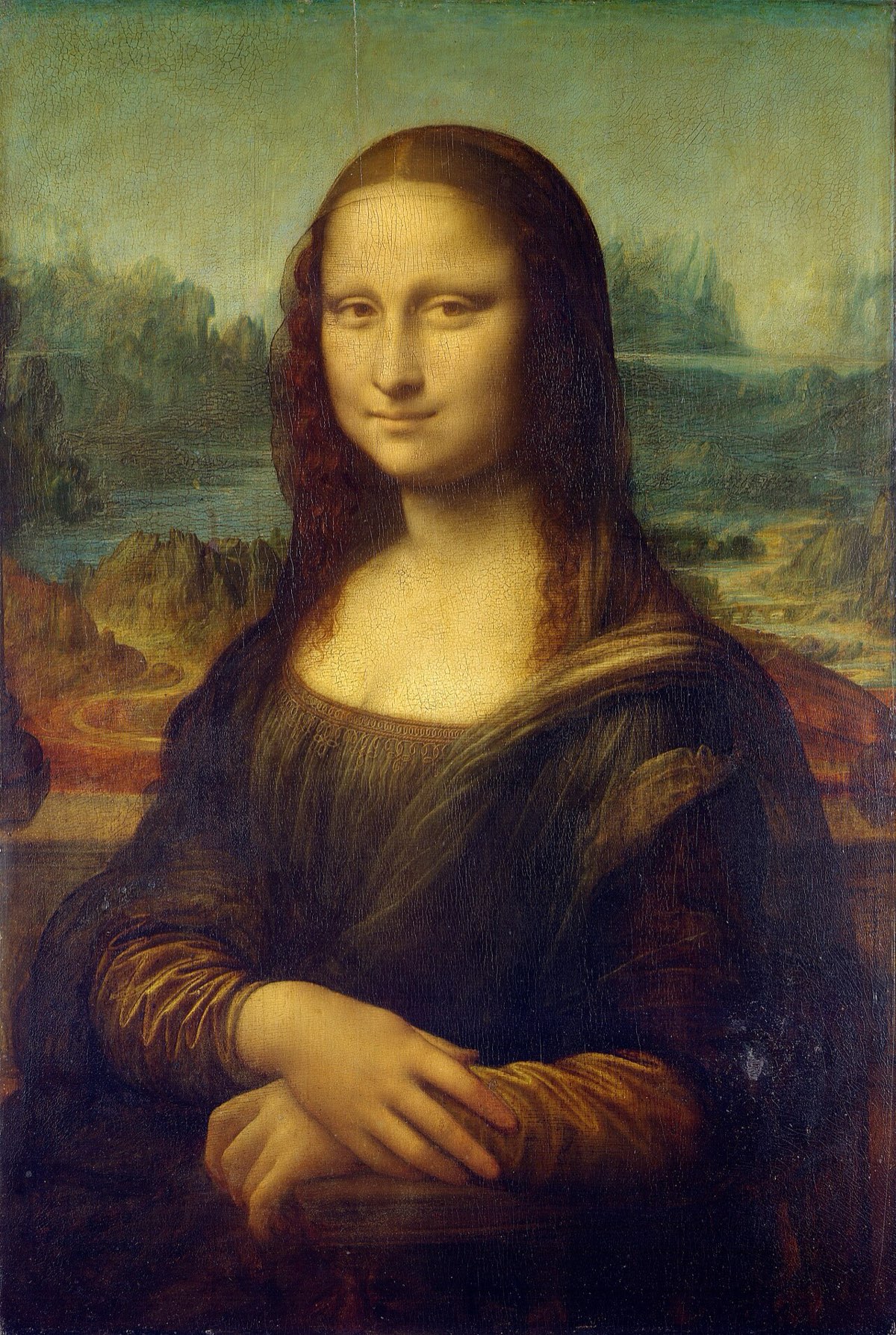 The Mona Lisa, Leonardo da Vinci's portrait of a woman with a faint smile, seated before a distant landscape.