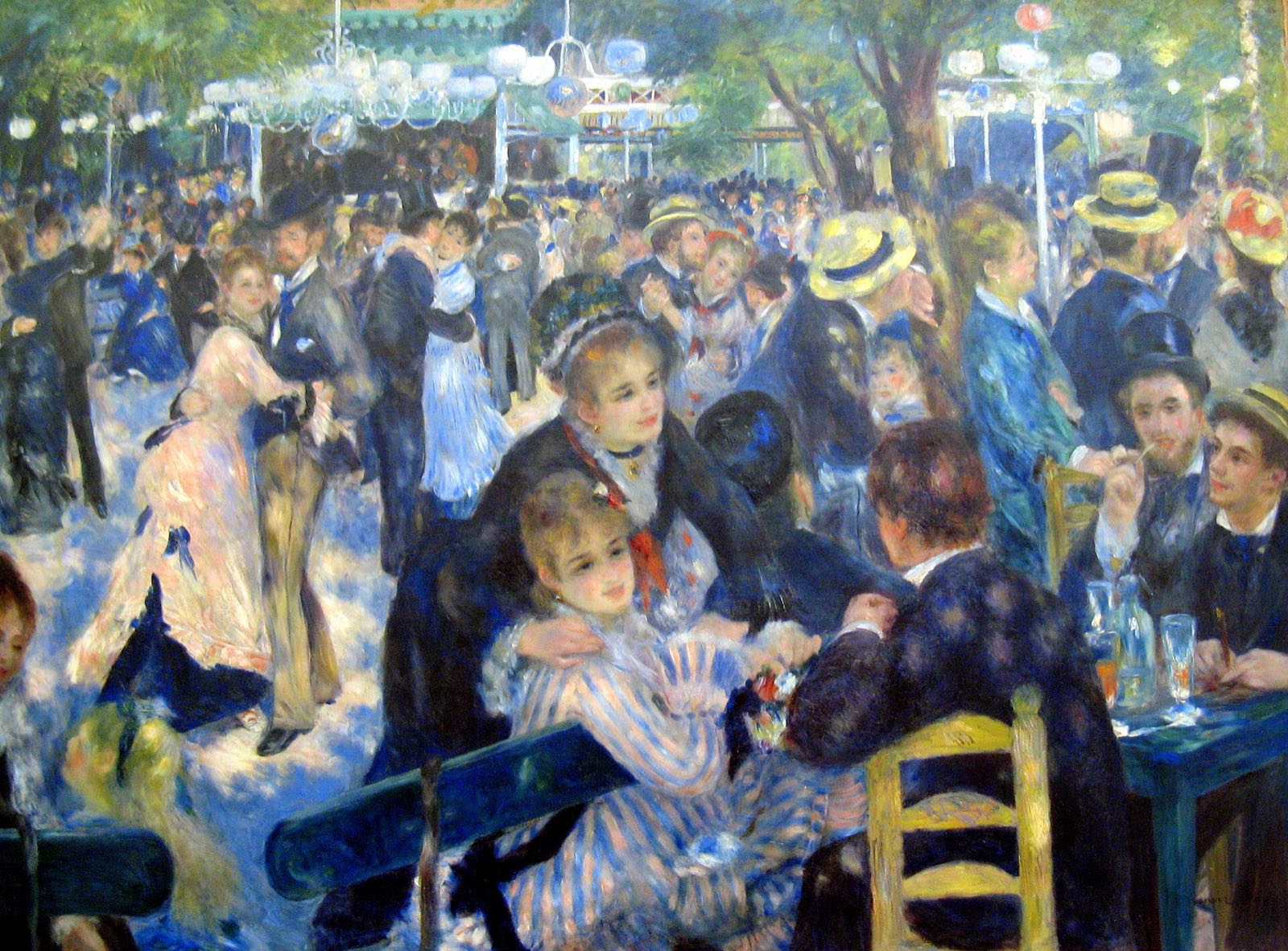Bal du moulin de la Galette by Renoir: a crowd dancing and talking at tables in dappled sunlight.