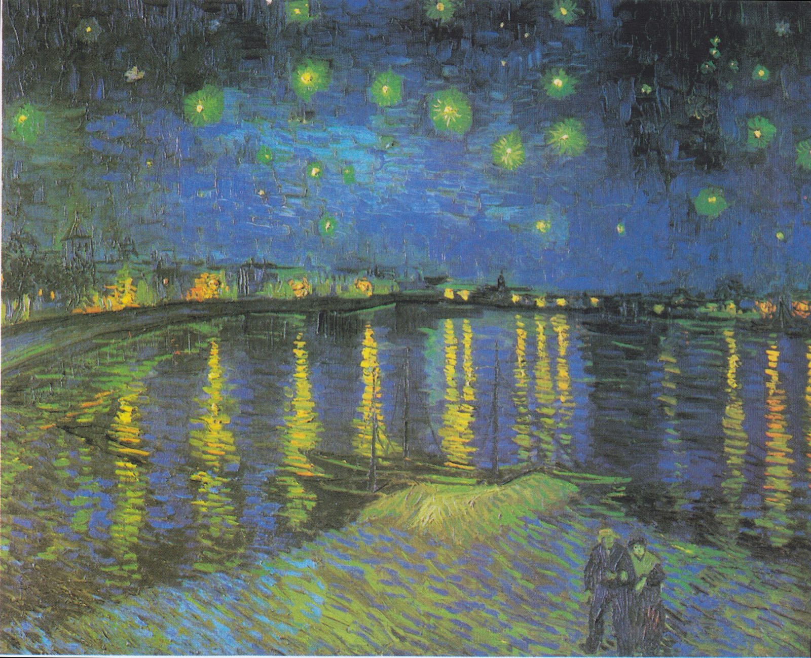 Starry Night Over the Rhône by Van Gogh: stars over a dark river, with the lights of Arles reflected in the water.