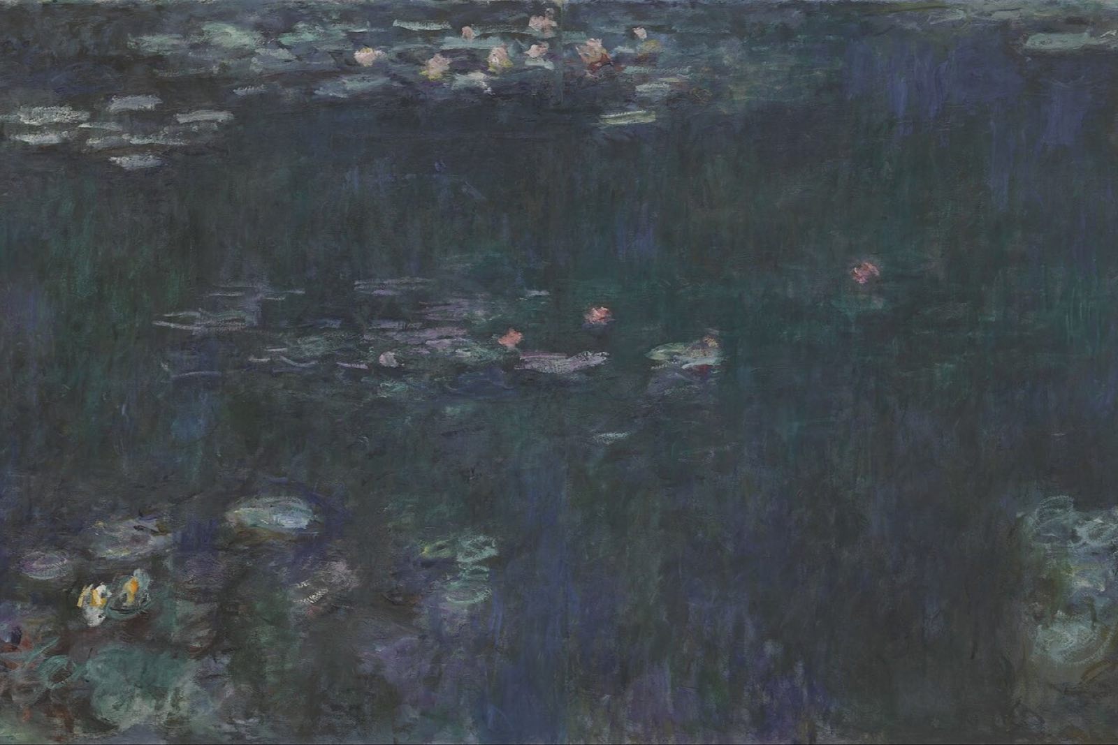 A detail of Monet's Water Lilies, Green Reflections: lily pads on dark green water.