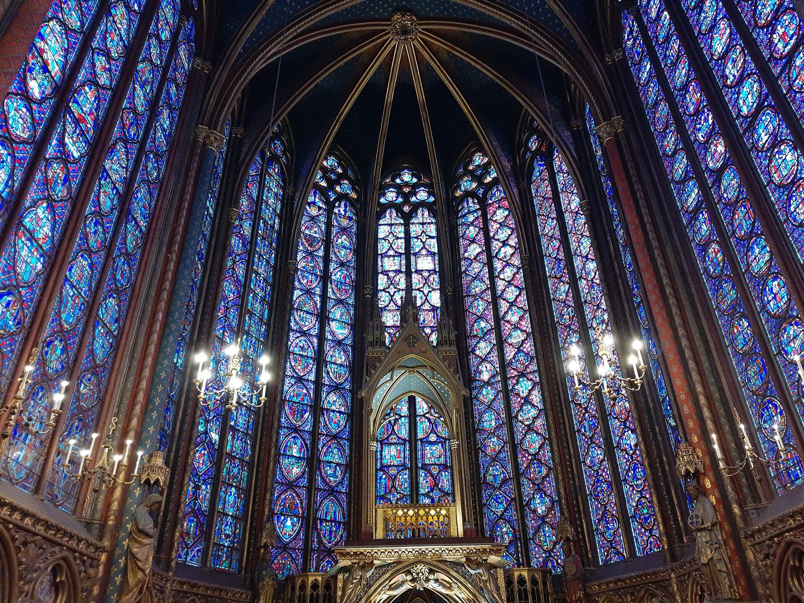 The stained glass windows of the upper chapel of the Sainte-Chapelle.