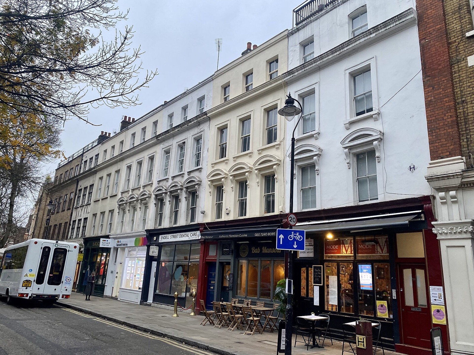 A terrace of old houses and shops on Endell Street in Covent Garden.