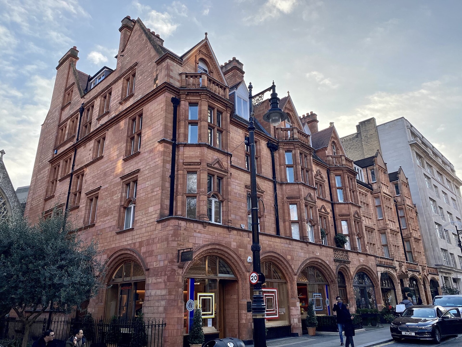 Red terracotta houses on Mount Street in Mayfair.