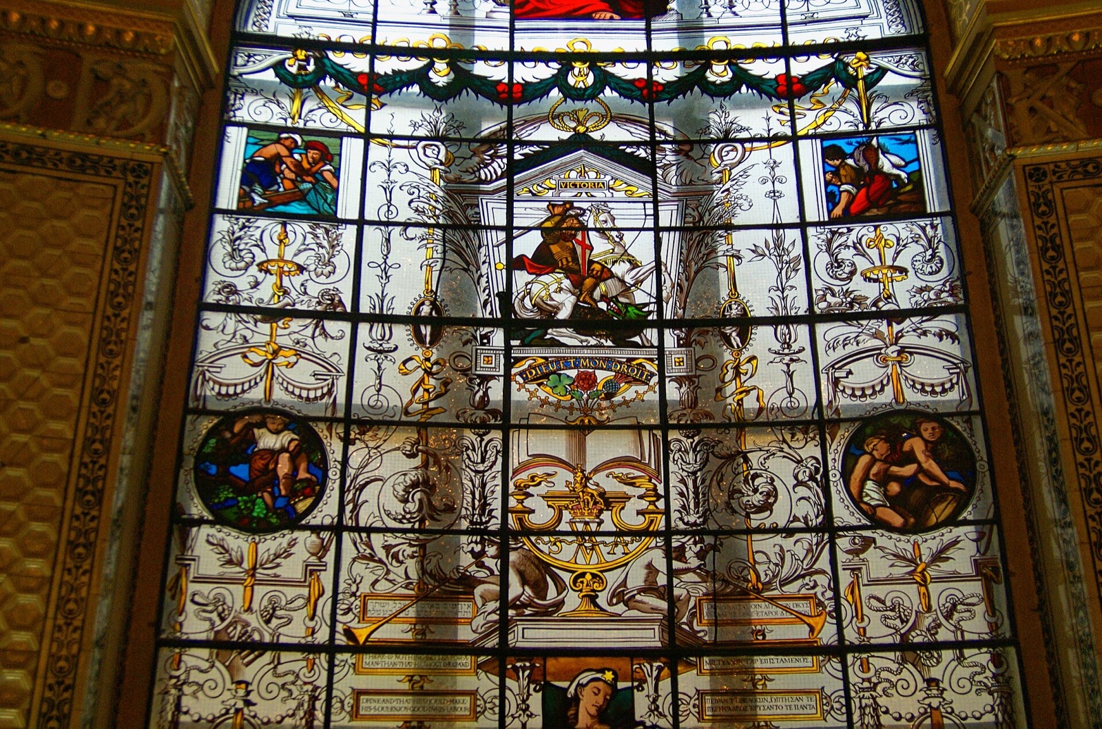 A stained-glass window of the 1860s in the refreshment rooms of the V&A.