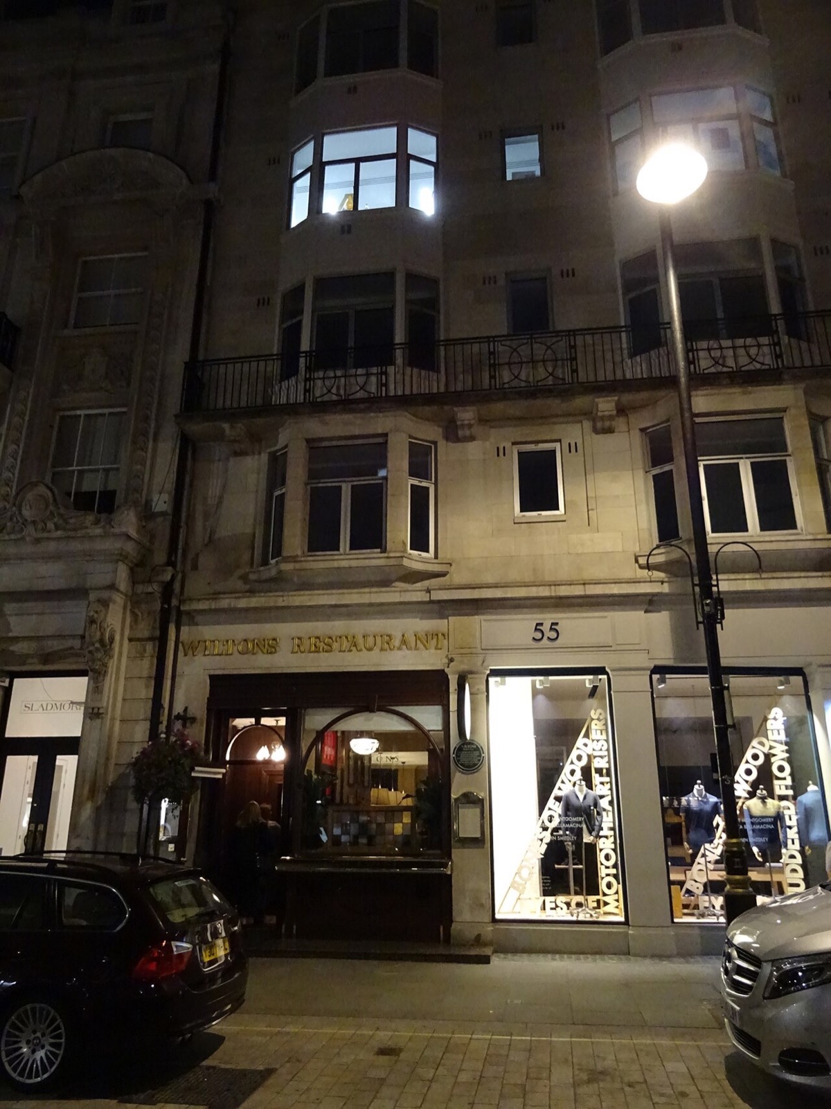The front of Wiltons on Jermyn Street at night.