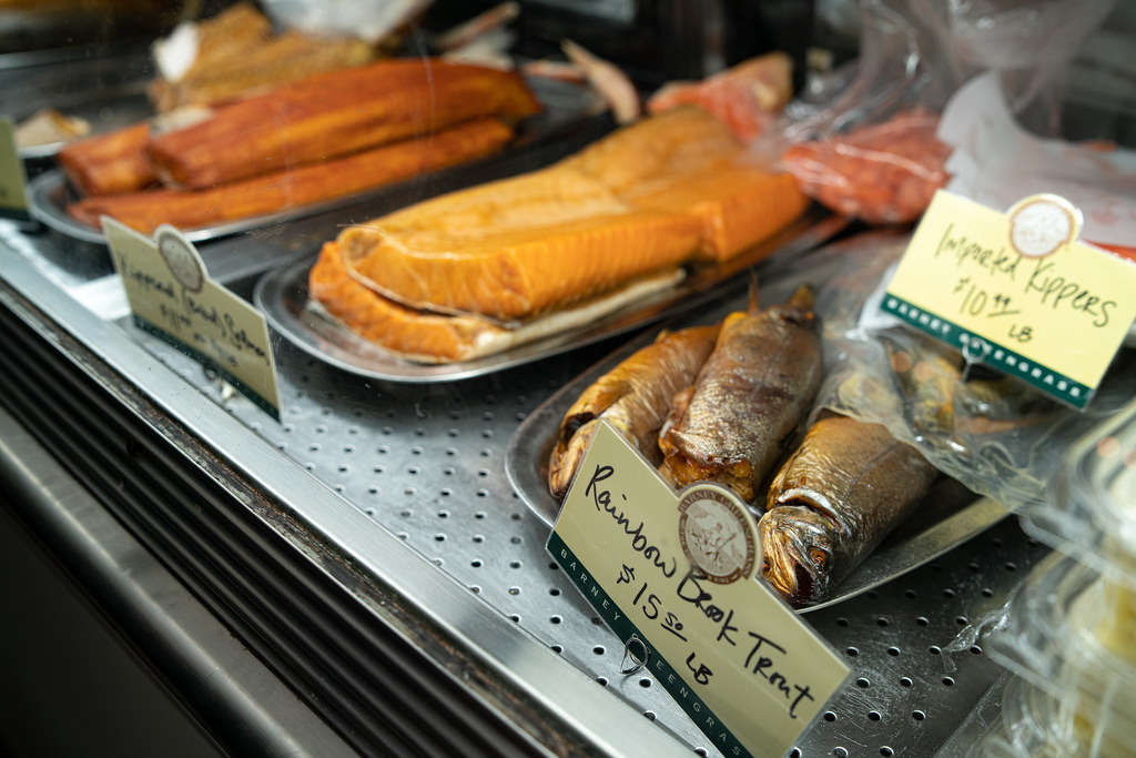 Smoked fish laid out in the counter at Barney Greengrass.