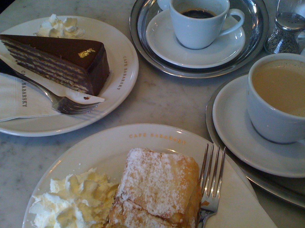 Cake, strudel and coffee on a marble table at Café Sabarsky.