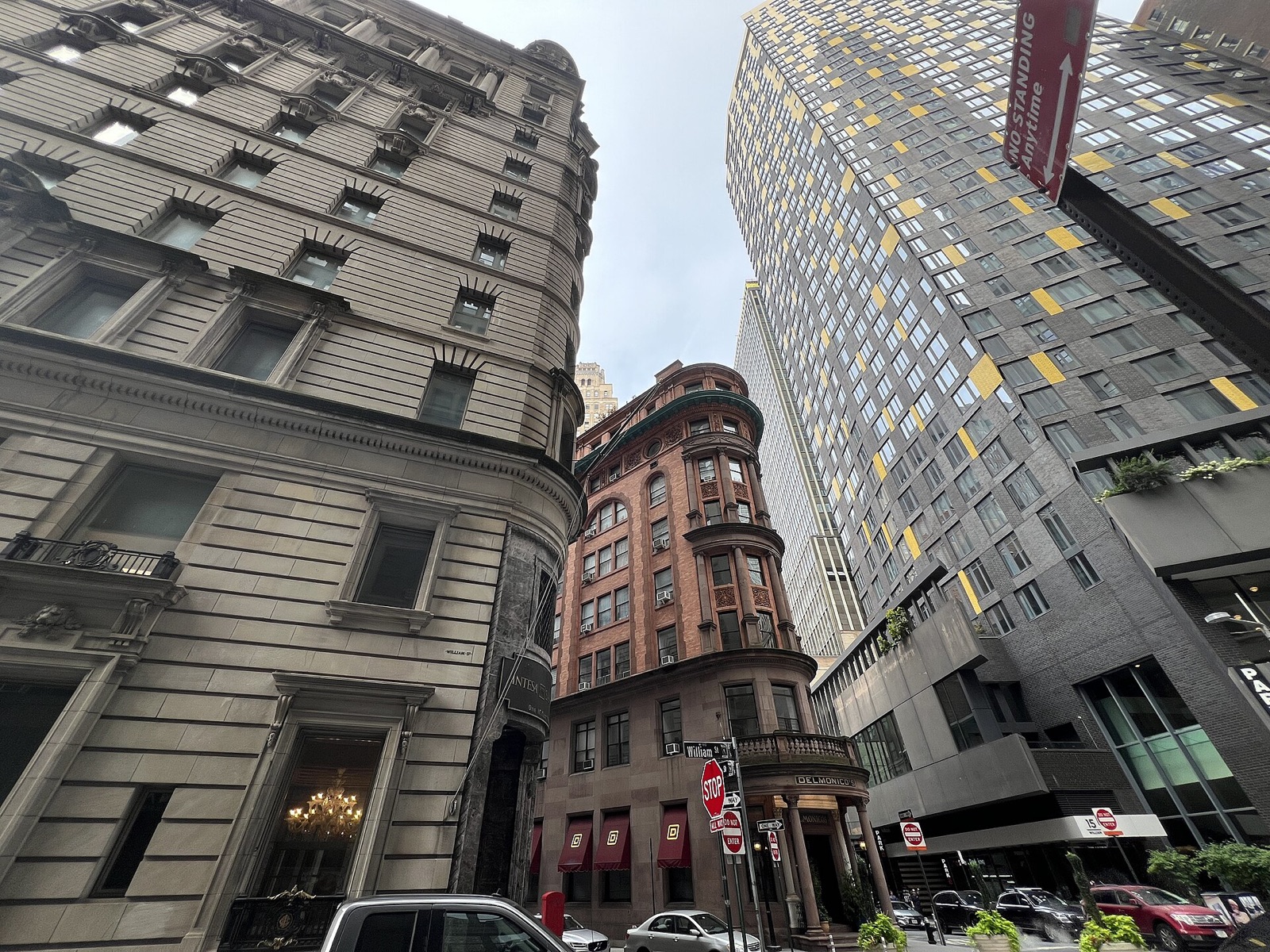 The building of Delmonico's among the office towers of Lower Manhattan.