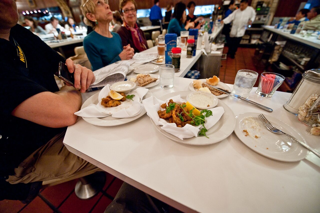 A plate of oysters at a counter of the Grand Central Oyster Bar.