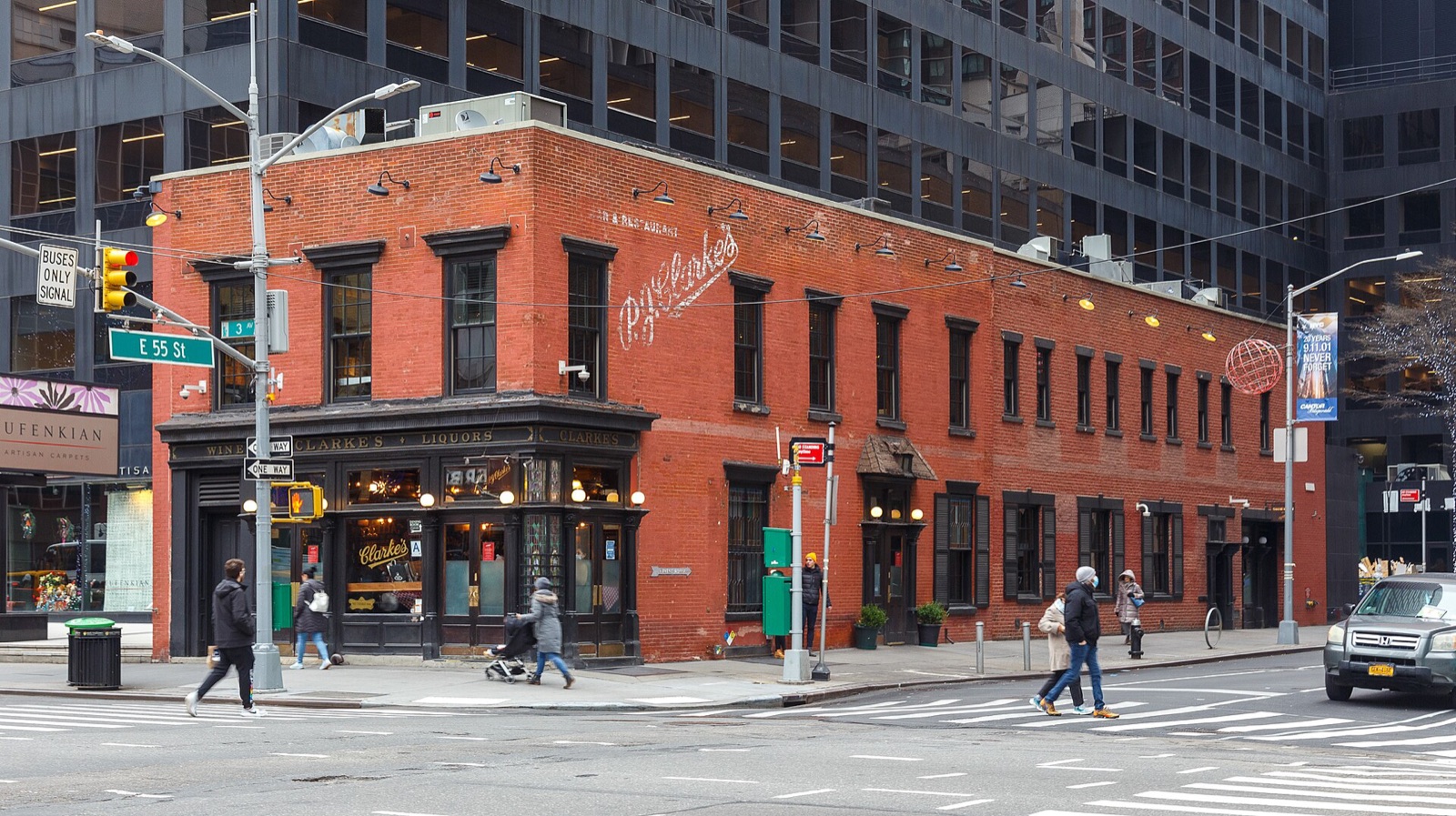 P.J. Clarke's, a two-storey building of red brick at the foot of an office tower on Third Avenue.
