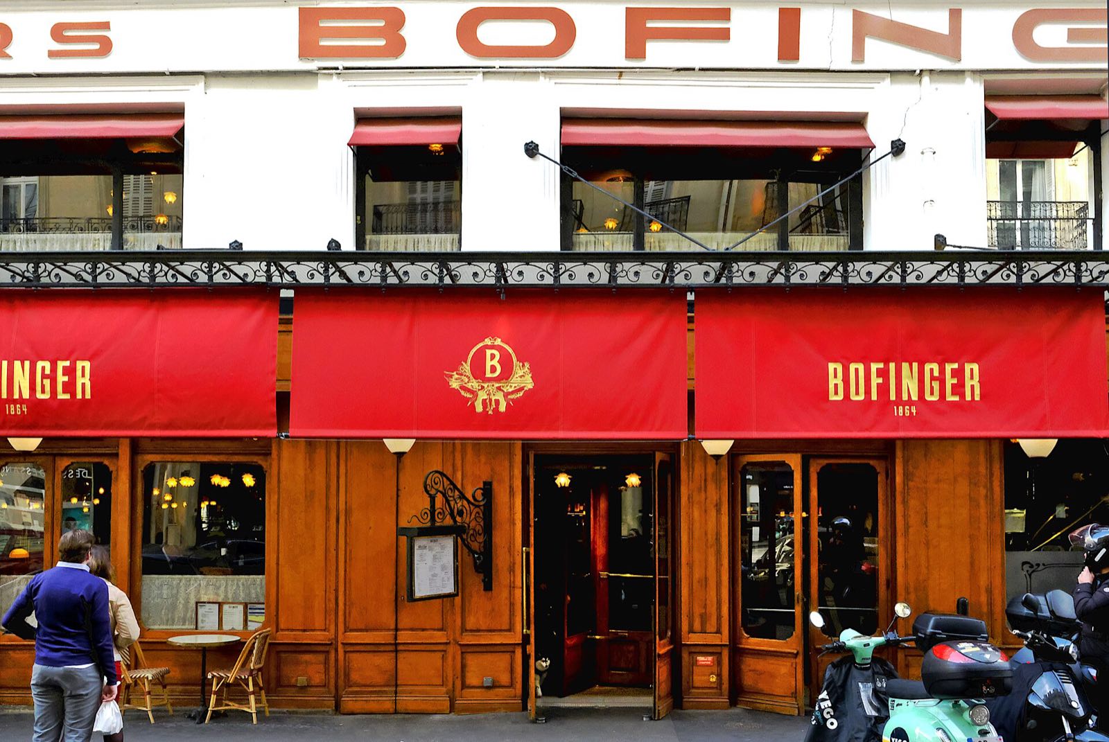 The red front of the brasserie Bofinger on the rue de la Bastille.