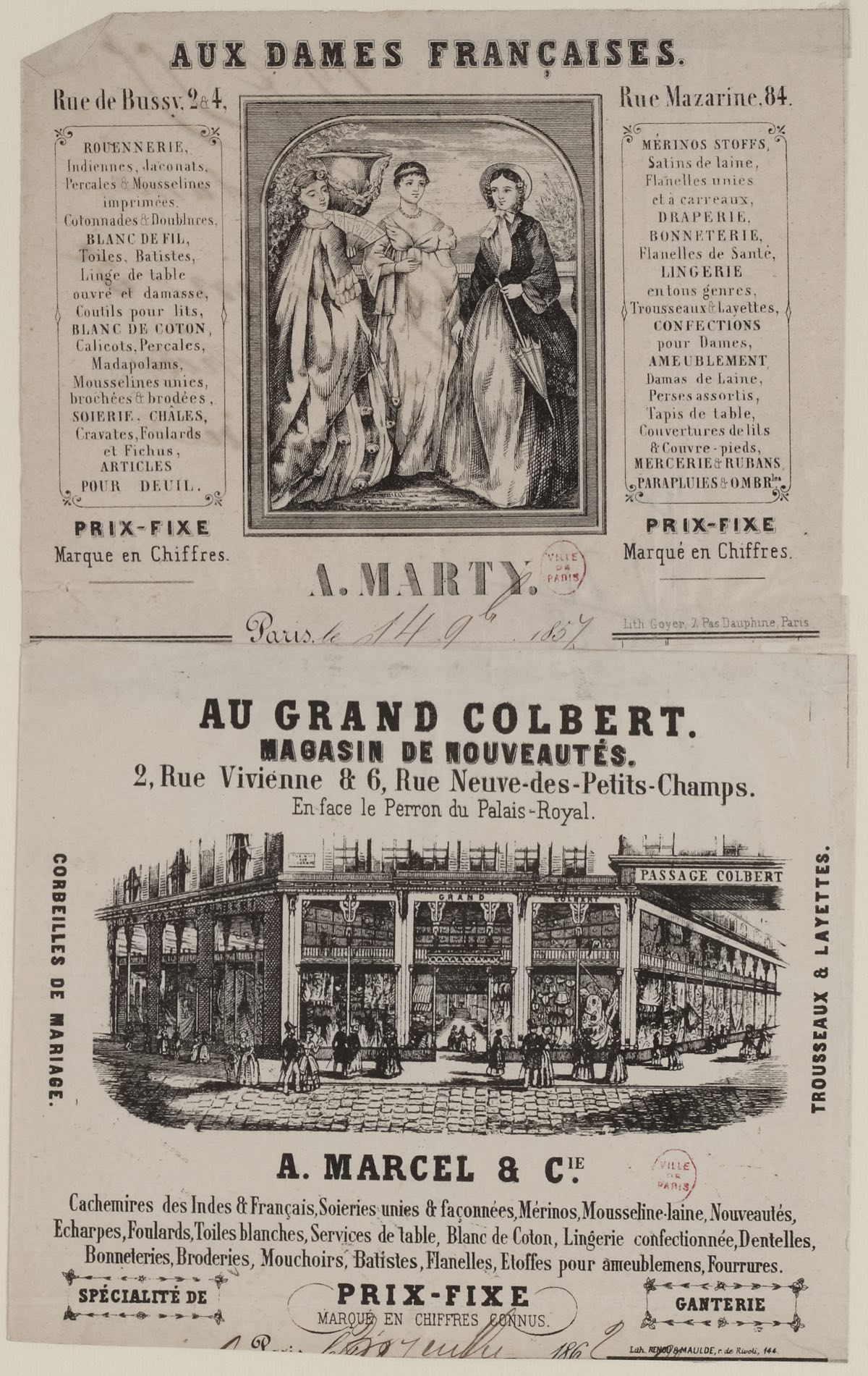 A nineteenth-century advertisement for the draper's shop Au Grand Colbert, with an engraving of its front.