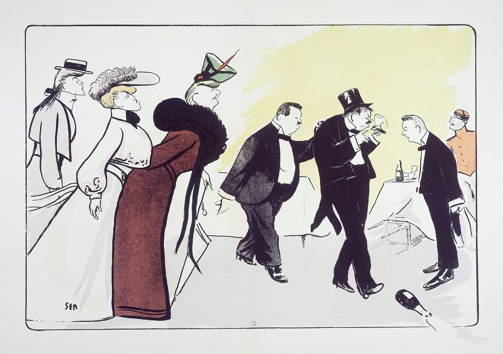 A caricature by Sem of about 1900: men in evening dress being thrown out of Maxim's.