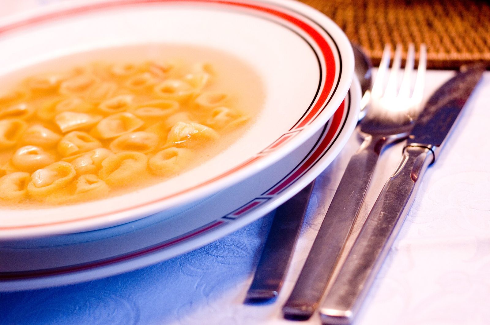 A bowl of tortellini in broth, the dish of Bologna that Colline Emiliane serves. Not photographed at the restaurant.