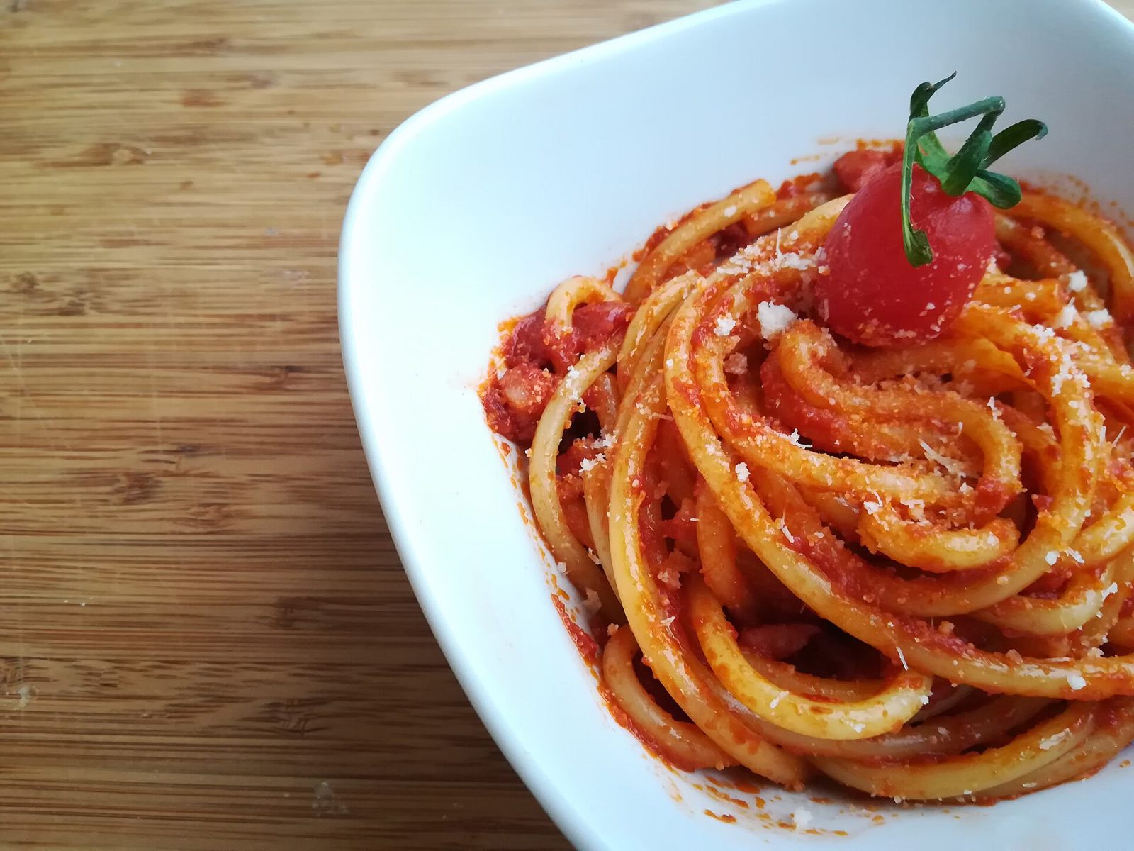 A bowl of bucatini all'amatriciana, one of the Roman pastas Da Enzo serves. Not photographed at the restaurant.