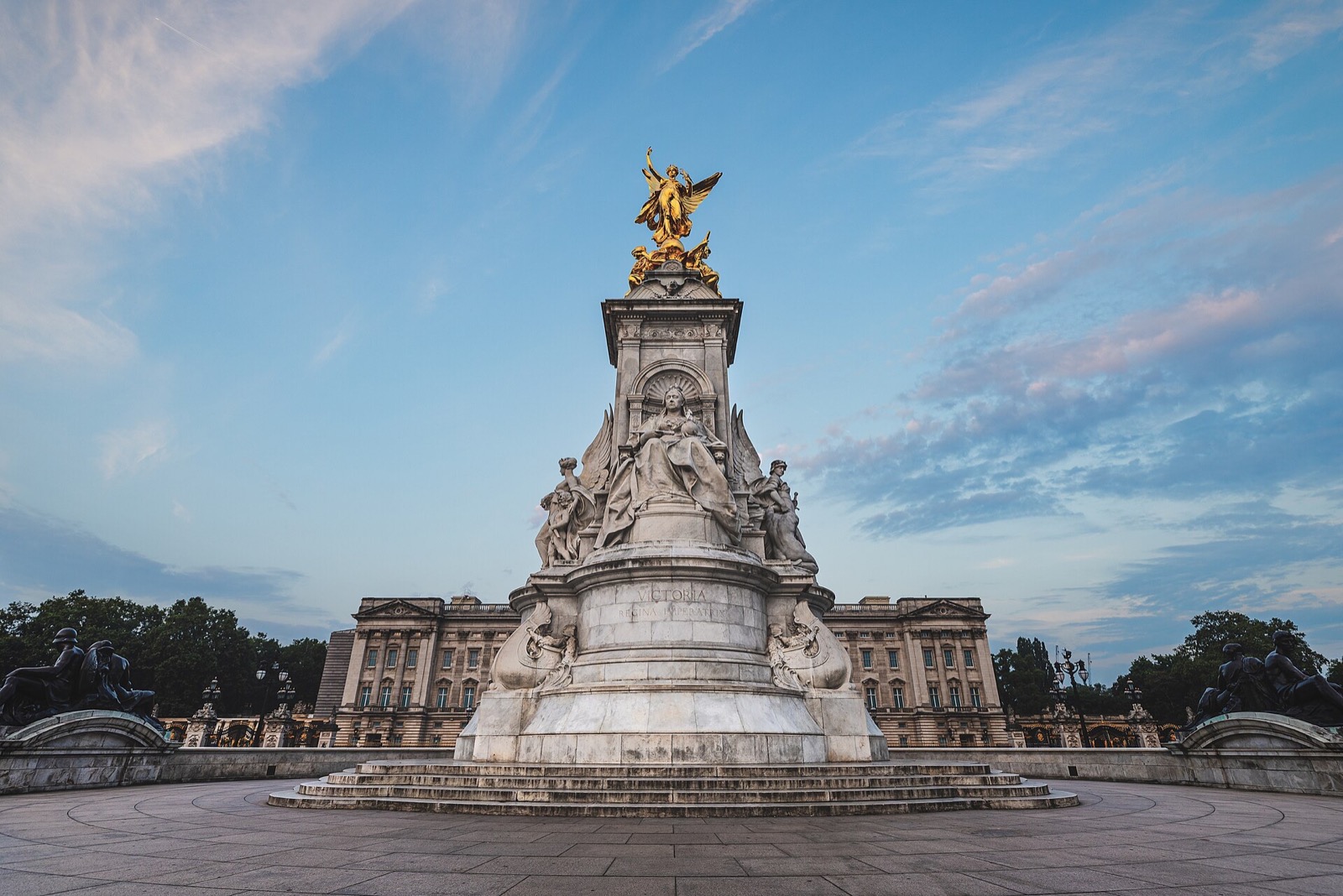The Victoria Memorial in front of Buckingham Palace, white marble under a gilded figure of Victory.