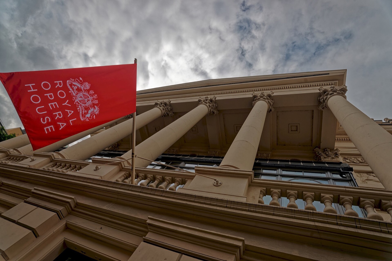 The columned front of the Royal Opera House on Bow Street.