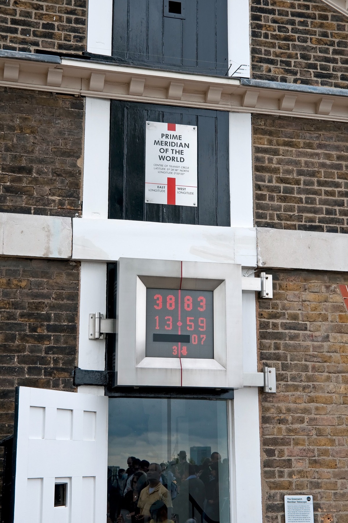 The Prime Meridian marked on the wall and the ground at the Royal Observatory, Greenwich.