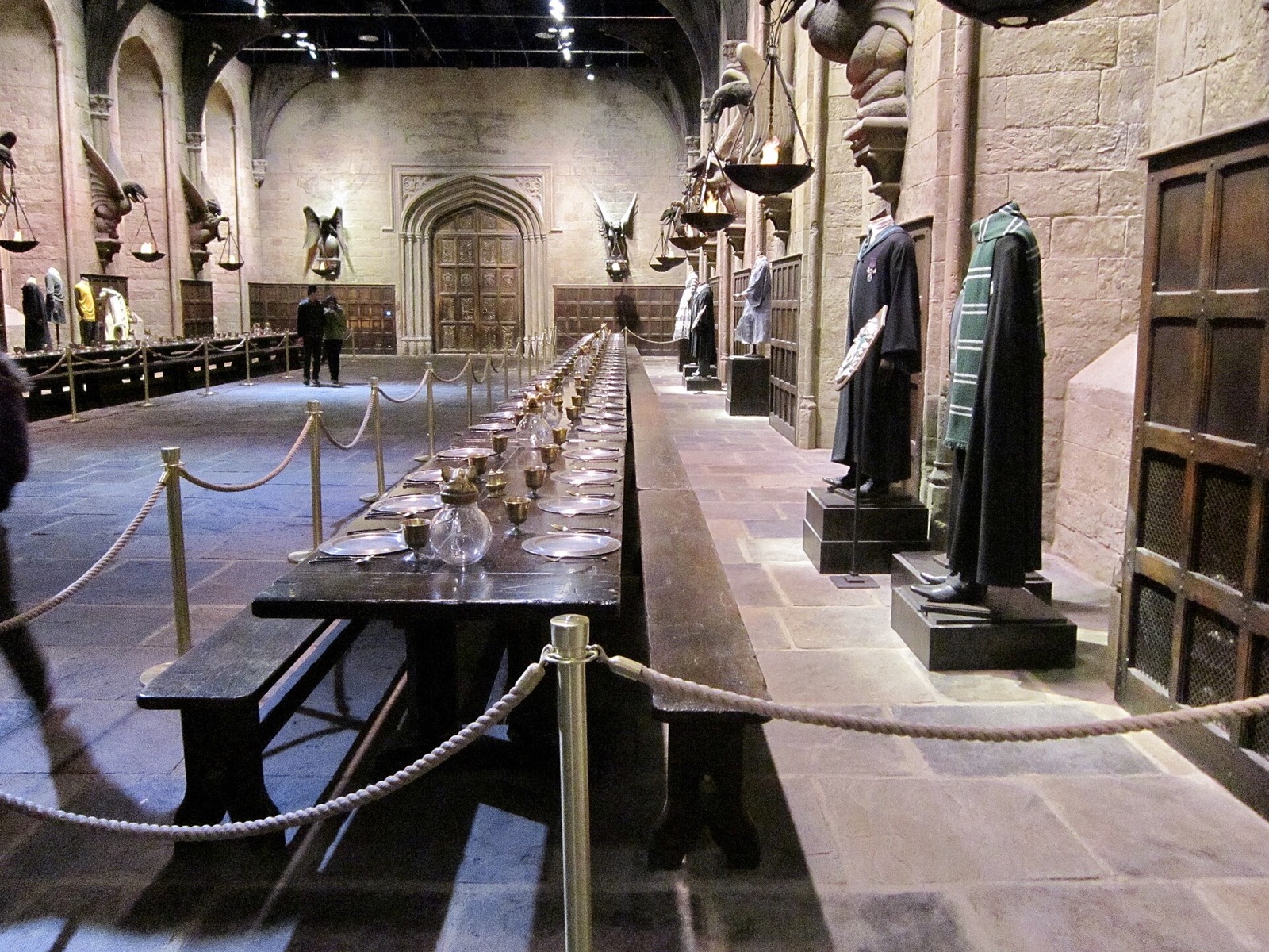 The Great Hall set at the Warner Bros. Studio Tour London, with long tables laid down its length.
