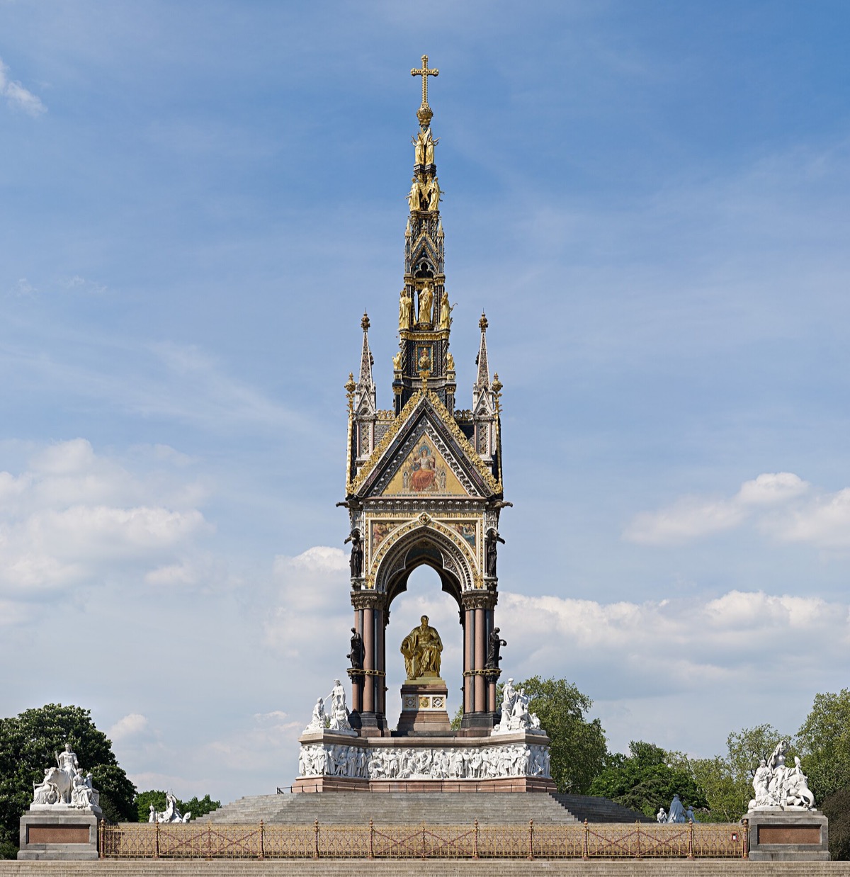 The Albert Memorial in Kensington Gardens, a gilded figure under a tall Gothic canopy.