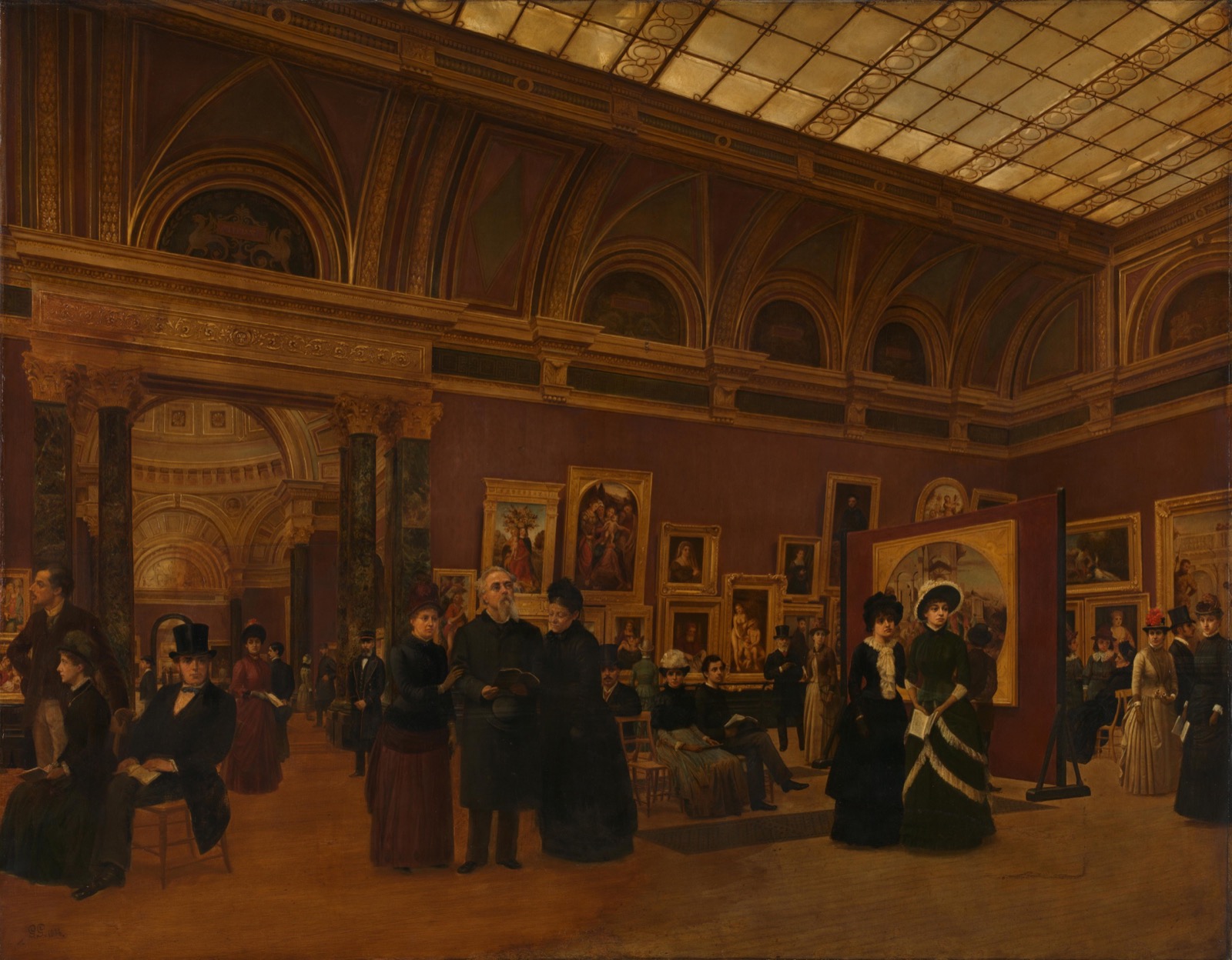 A room of the National Gallery in 1886, crowded with visitors and hung with paintings to the ceiling, in a painting by Giuseppe Gabrielli.