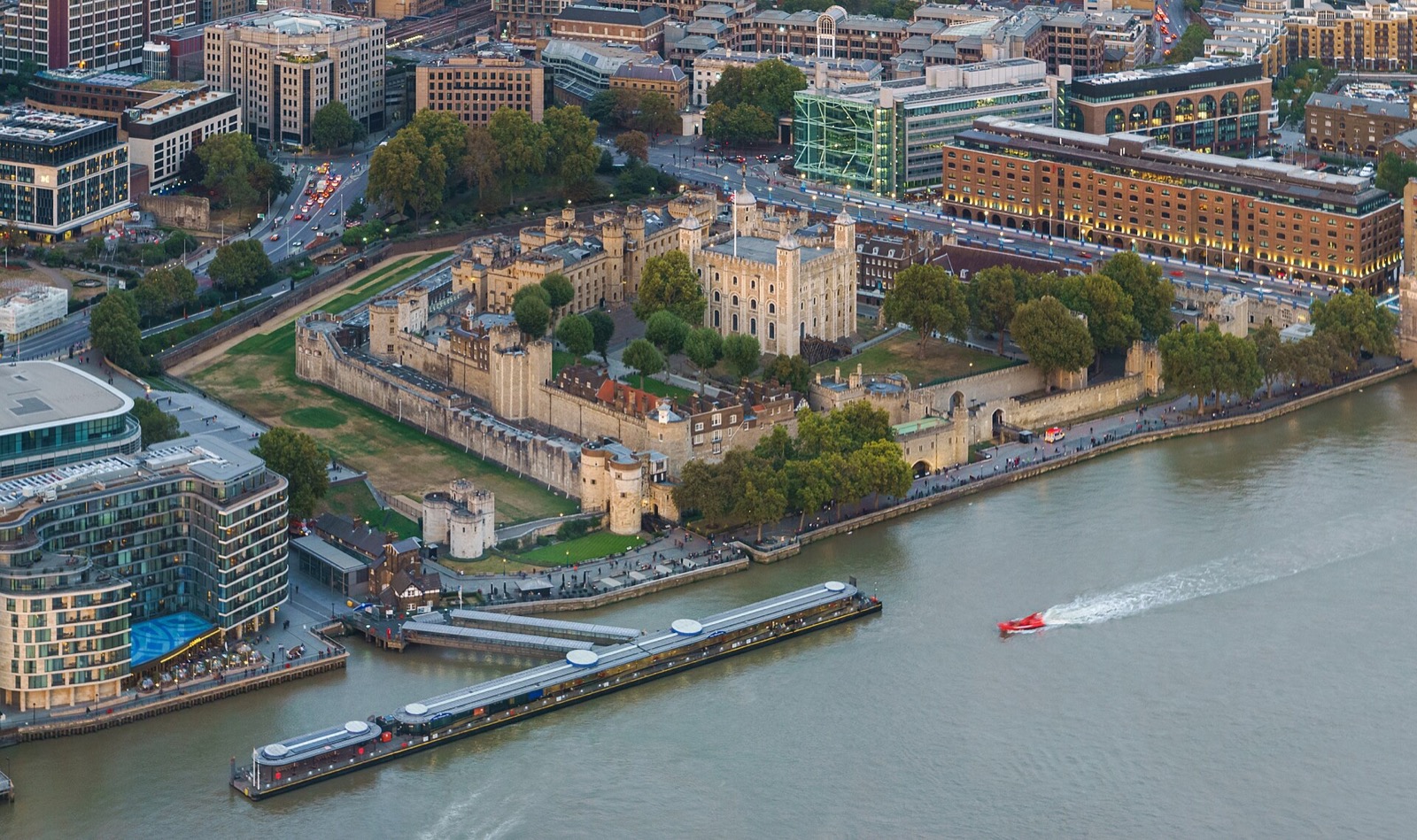 The Tower of London from above at dusk, seen from The Shard.