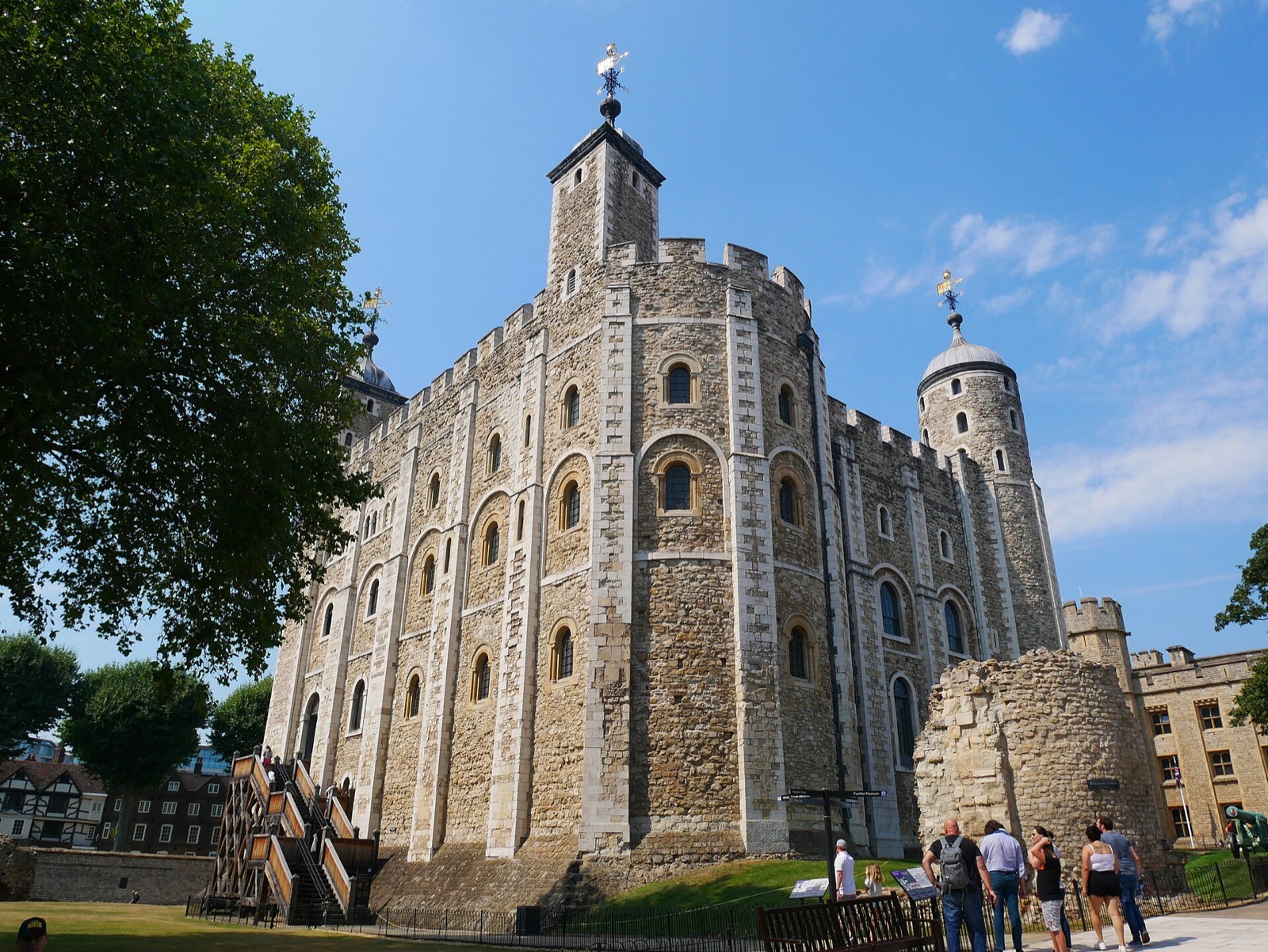 The White Tower, the Norman keep at the centre of the Tower of London, with a turret at each corner.