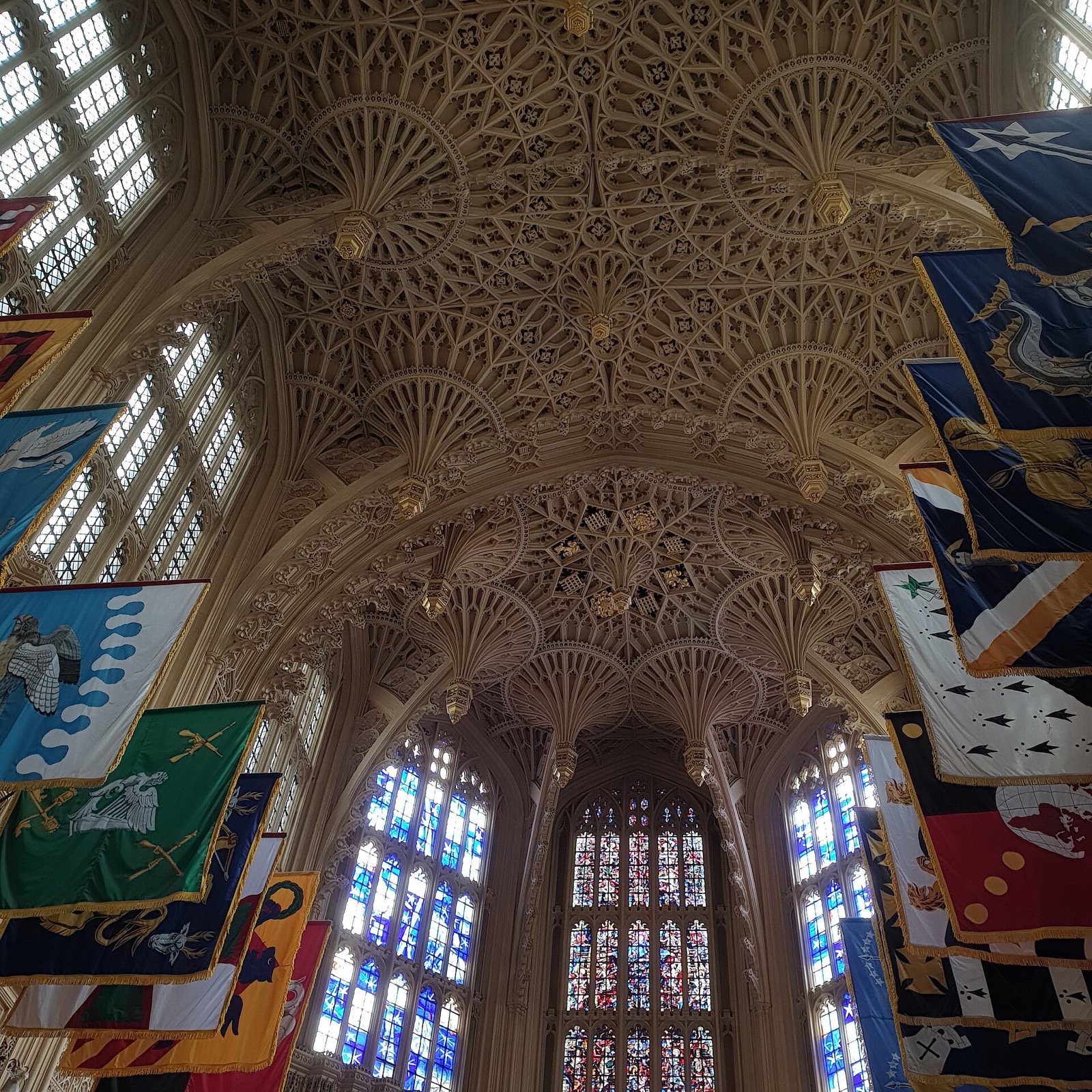 The fan vault of Henry VII's Lady Chapel at Westminster Abbey, hung with the banners of the Knights of the Bath.