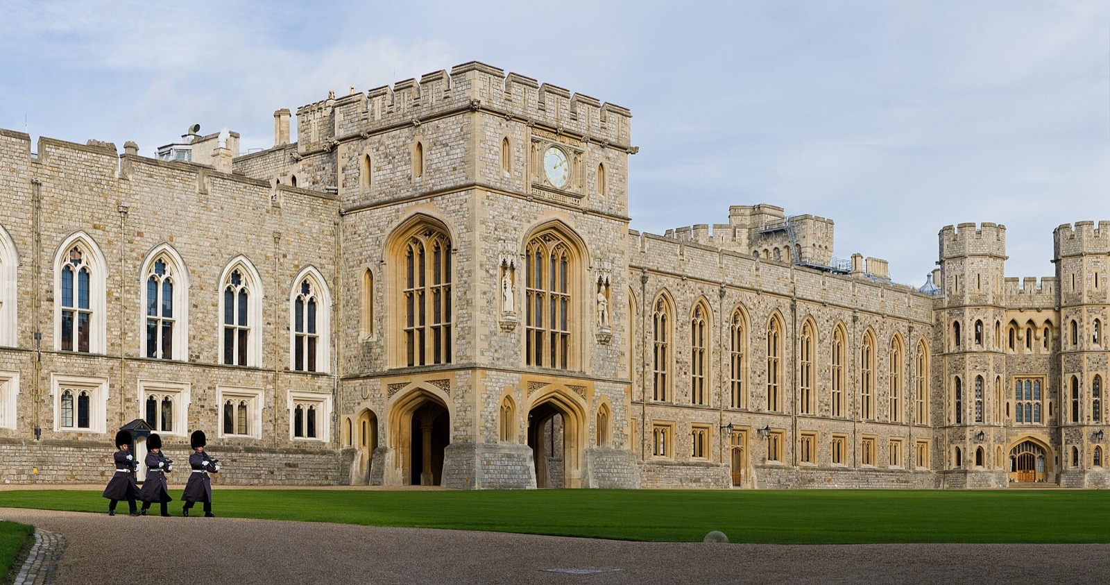 The Upper Ward of Windsor Castle, ranges of grey stone round a lawn.