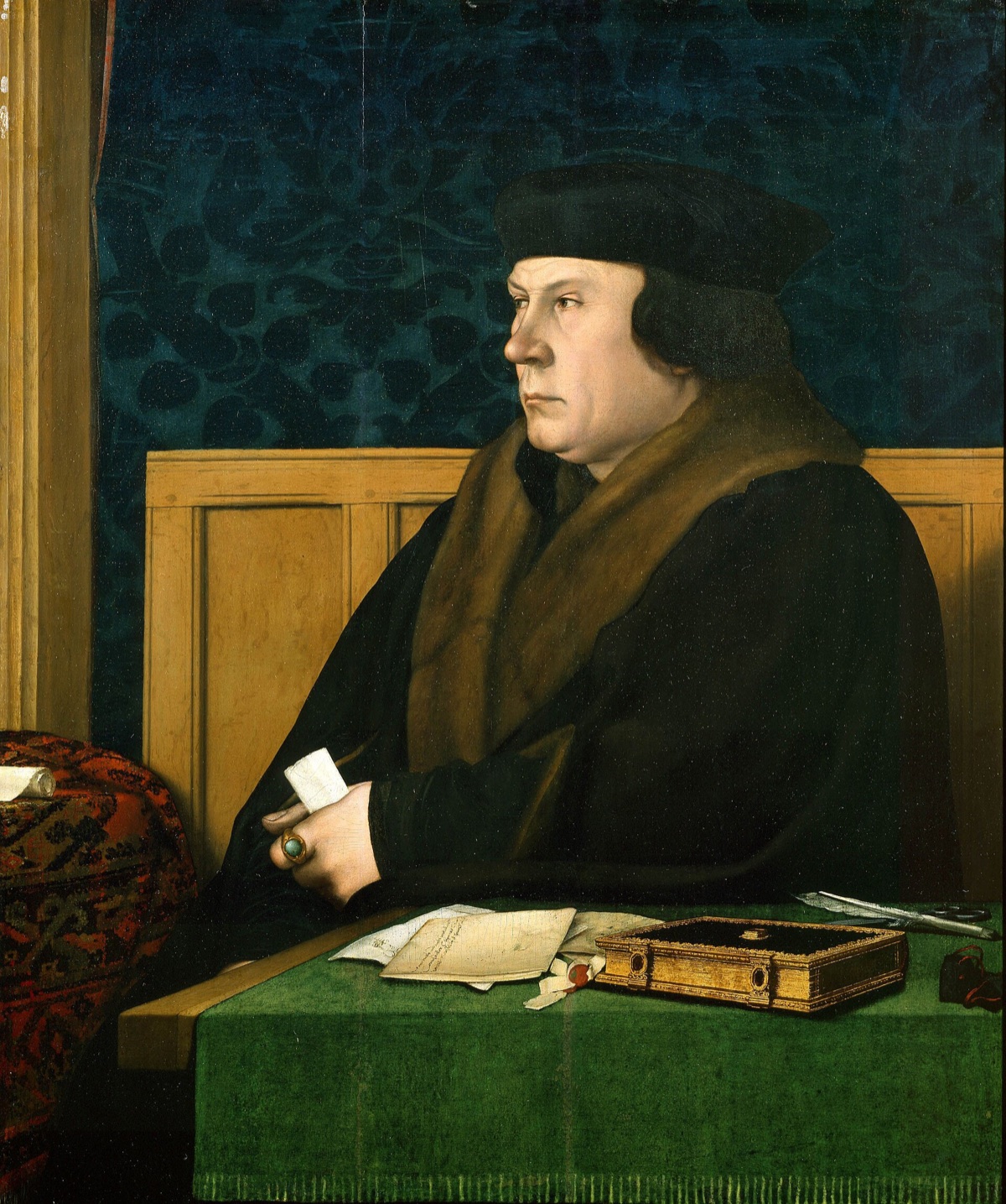 Thomas Cromwell by Hans Holbein the Younger, seated in black at a table with a letter in his hand.