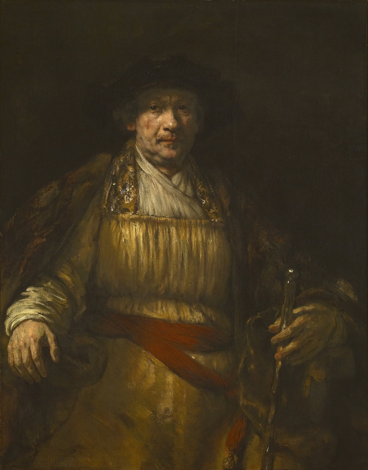 Rembrandt's self-portrait of 1658, seated facing us in a gold tunic with a stick in his hand.