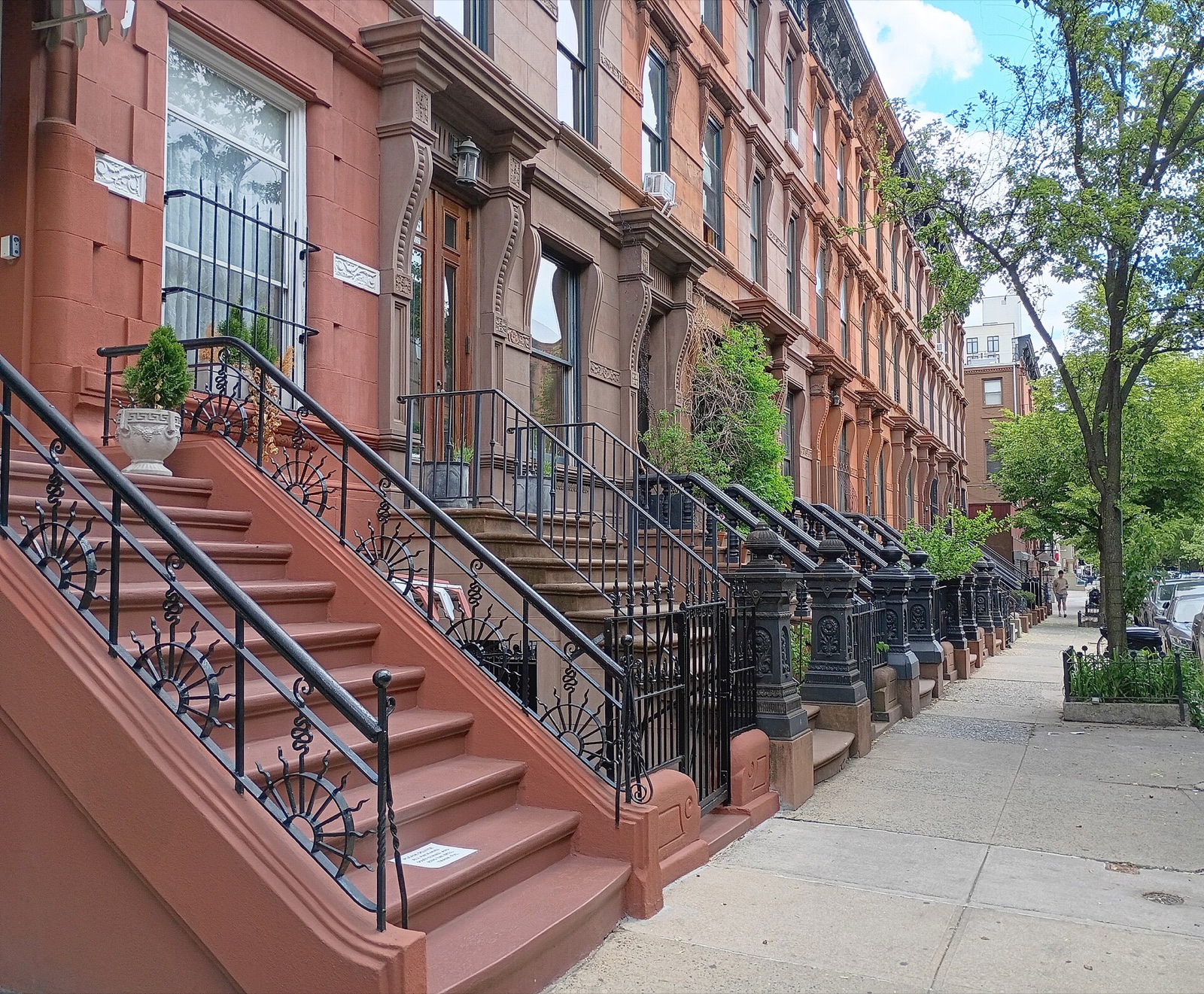 A street of brownstone houses in Harlem, each with a flight of steps and iron railings.