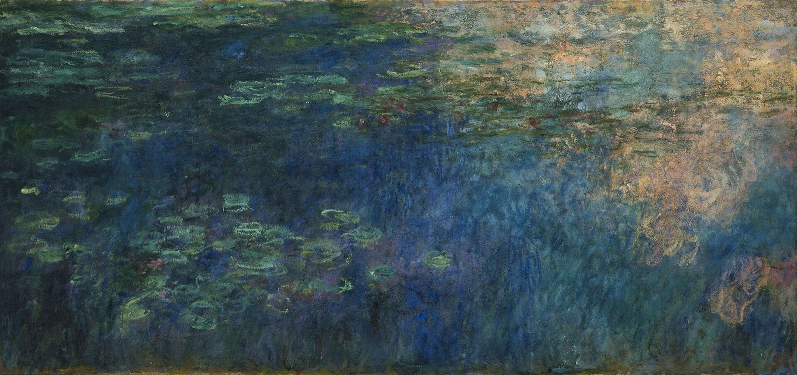 One of the three panels of Monet's Water Lilies at the Museum of Modern Art: clouds reflected in the pond among the lily pads.