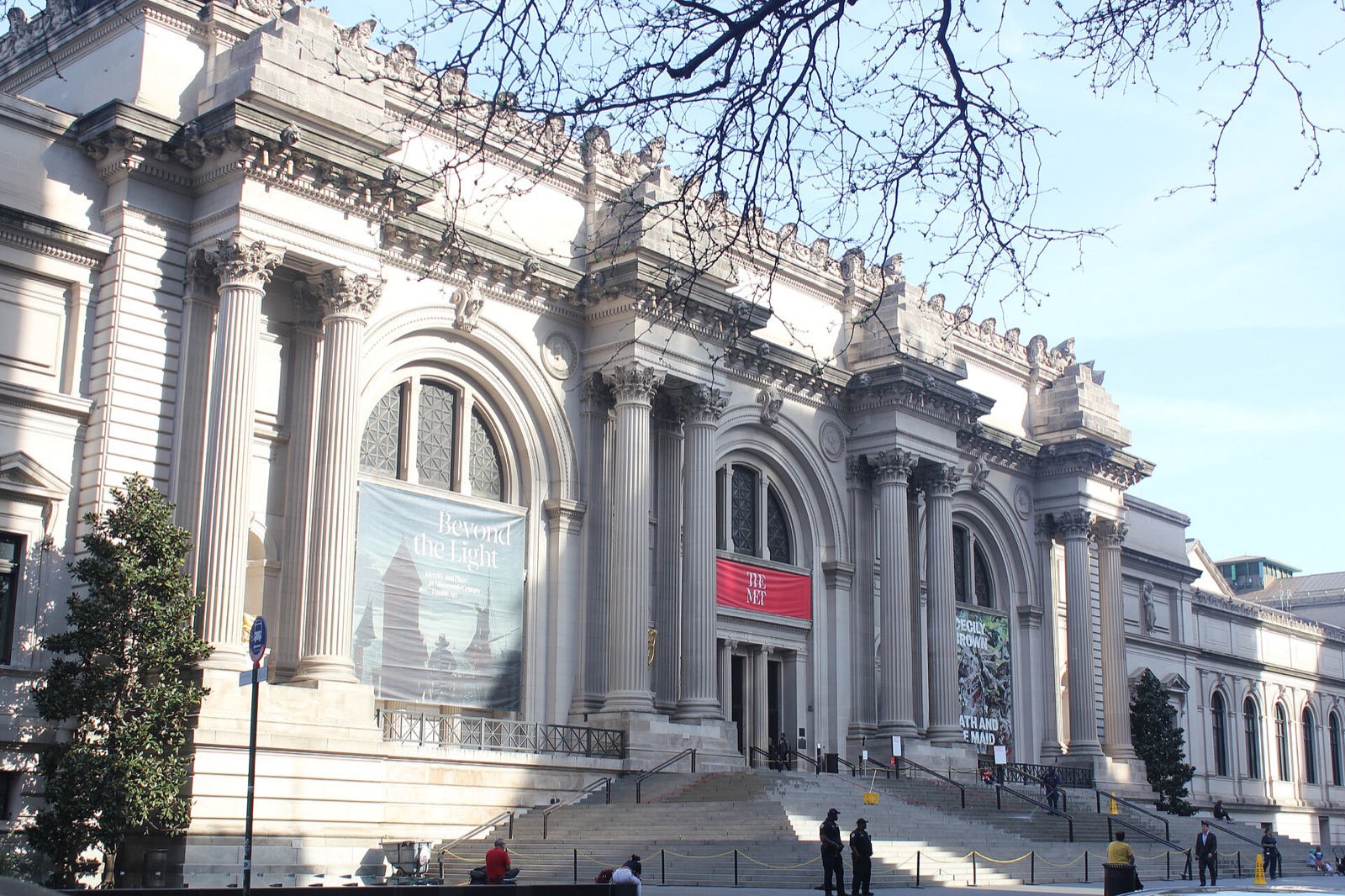 The front of the Metropolitan Museum of Art on Fifth Avenue, with its paired columns and wide steps.