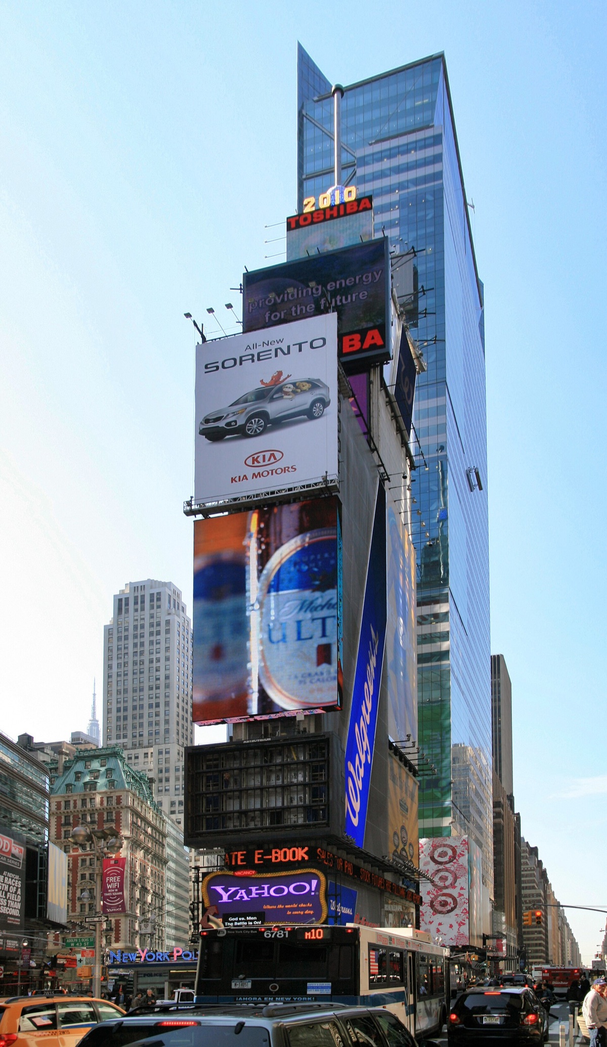 One Times Square, the narrow tower at the south end of the square, covered in advertising screens.