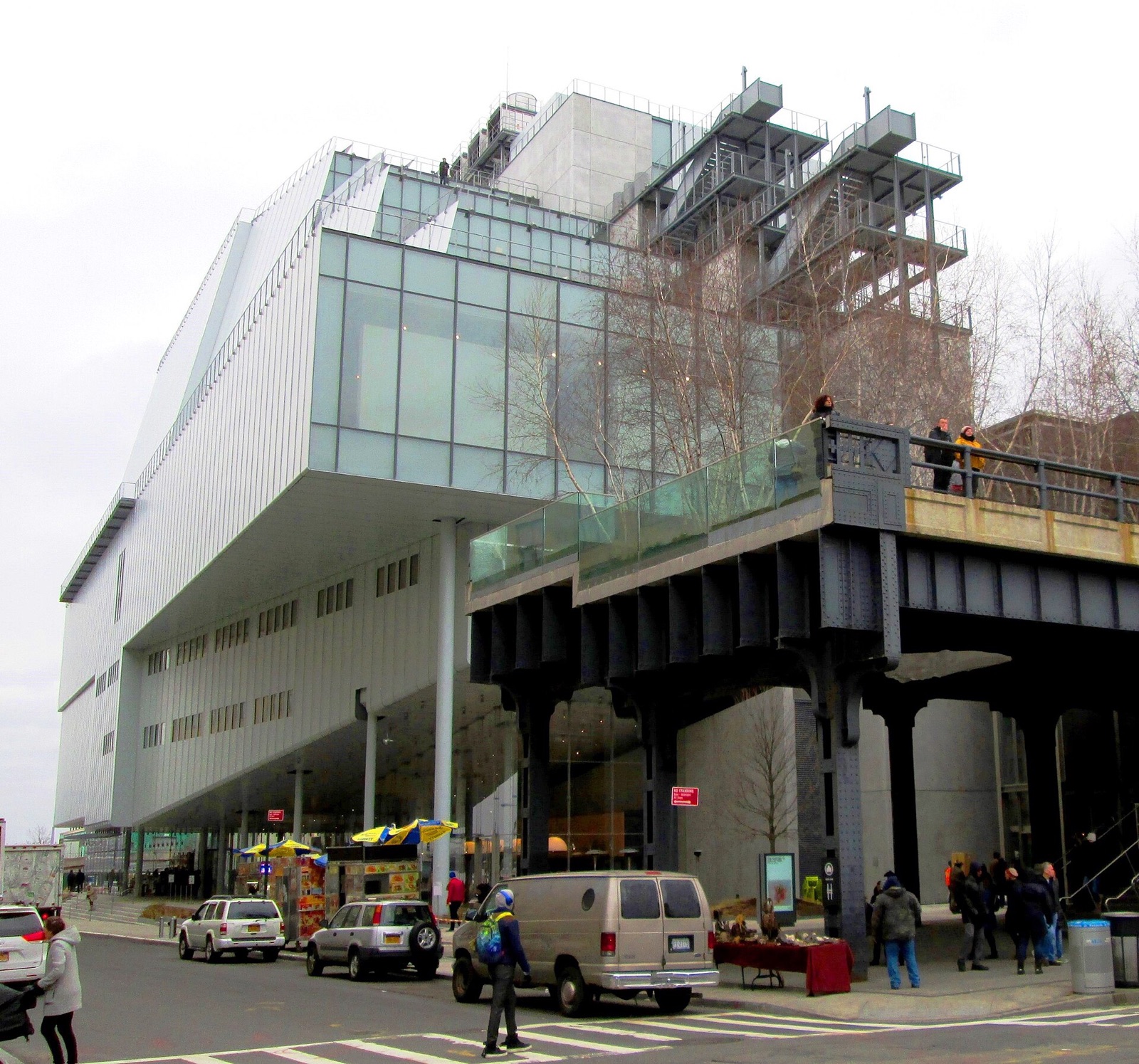 The east side of the Whitney Museum, its terraces stepping down beside the end of the High Line.