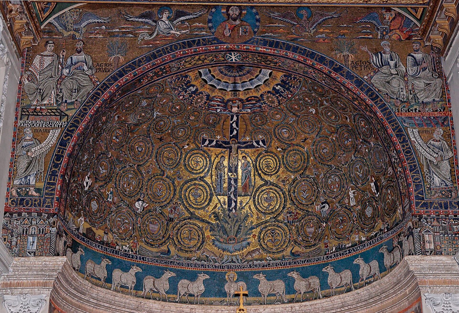 The twelfth-century apse mosaic of San Clemente: a cross among green vine scrolls on a gold ground.