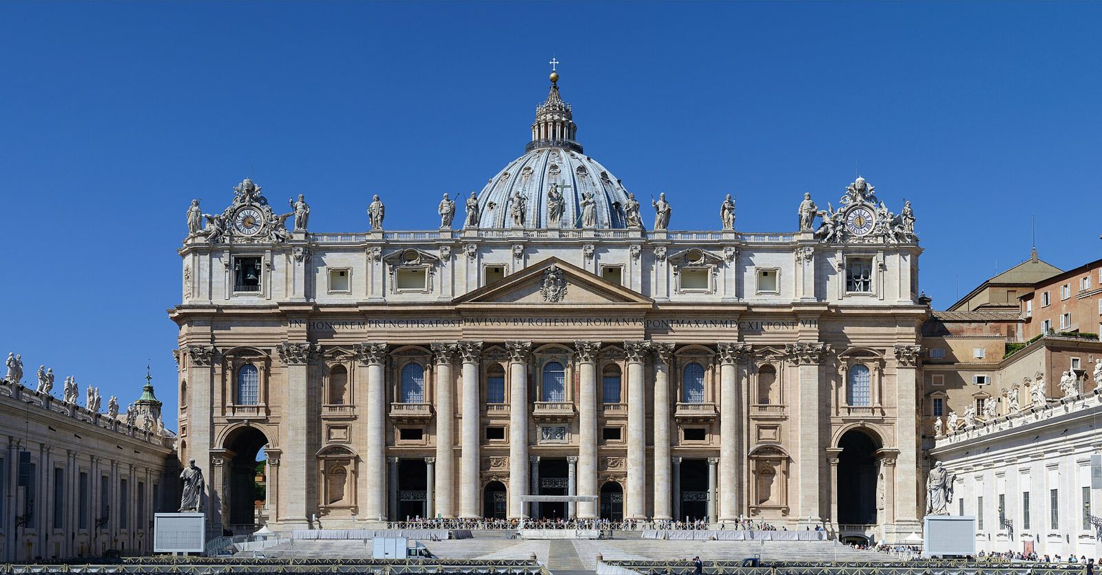 The front of St Peter's Basilica and its dome, seen across St Peter's Square.