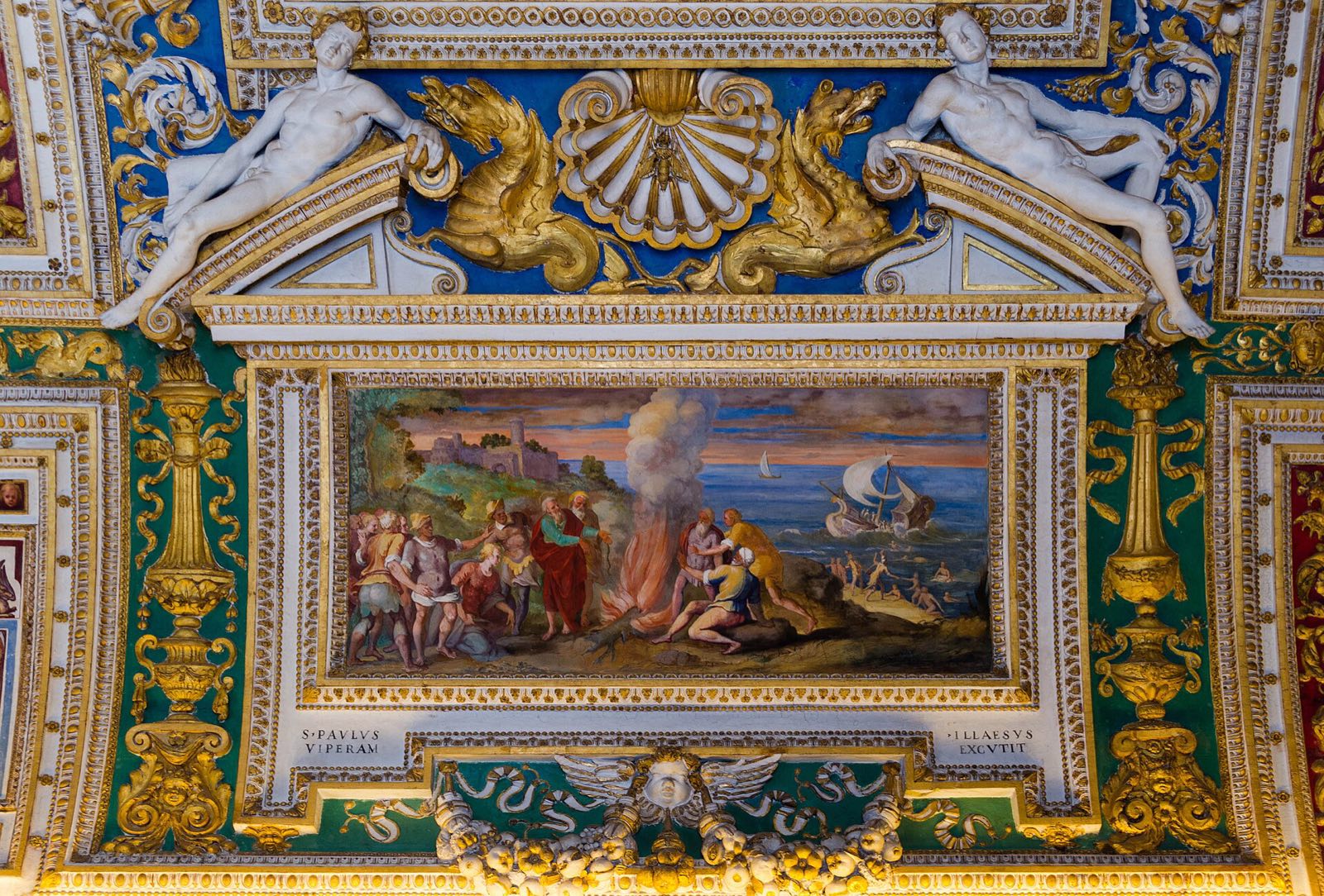 A painted and gilded panel of the ceiling of the Gallery of Maps in the Vatican Museums.
